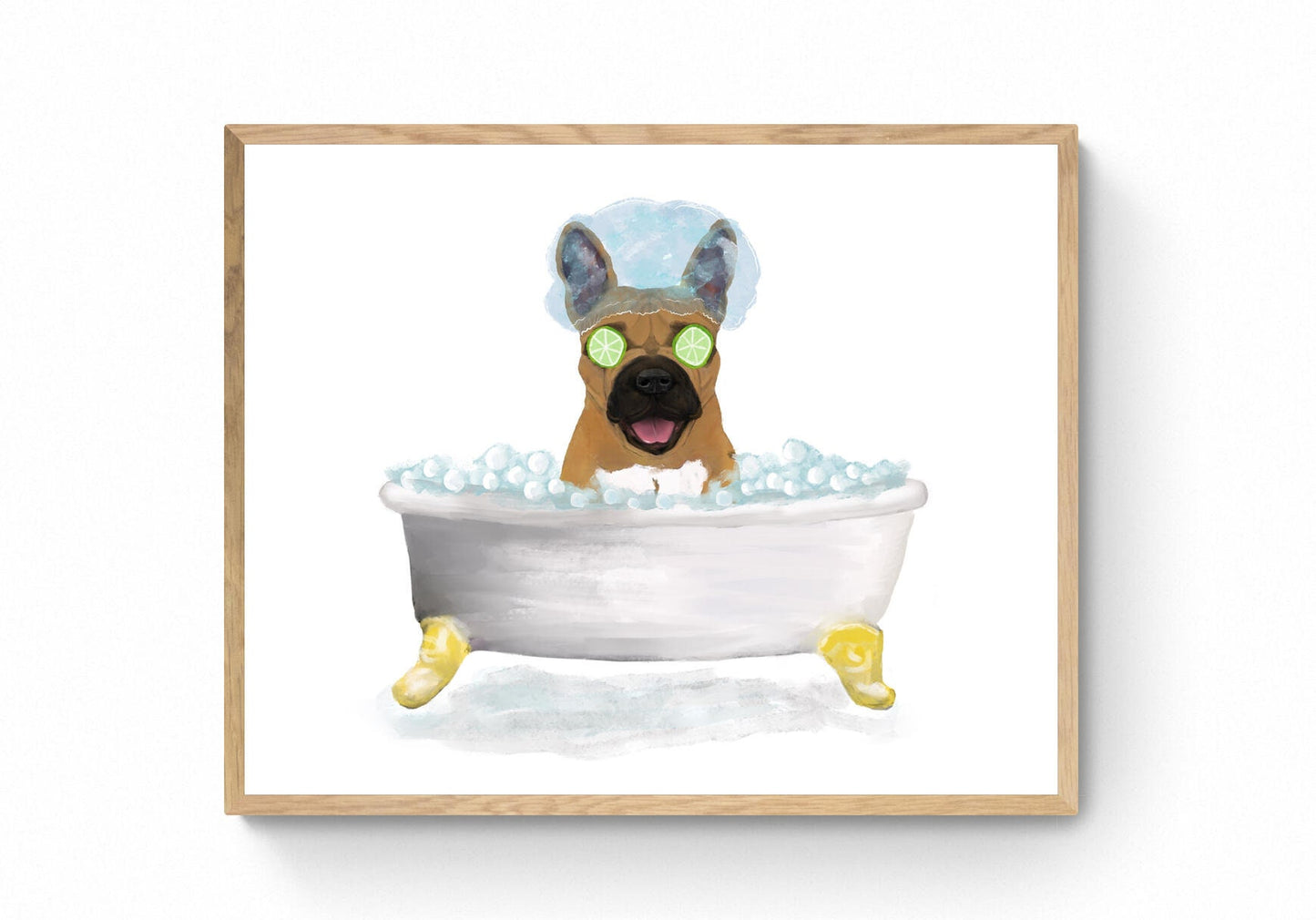 Brown French Bulldog Bathing Print, French Bulldog In Bathtub, Bathroom Wall Art,  Dog Painting, Dog Relaxing In Bath Print, Dog Lover