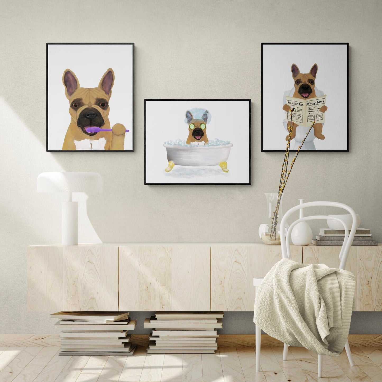 Set of 3 French Bulldog In Bathroom, Brown Frenchie with Toothbrush, Brown dog on Toilet, Dog Painting, Dog In Bathtub Illustration Dog Art,