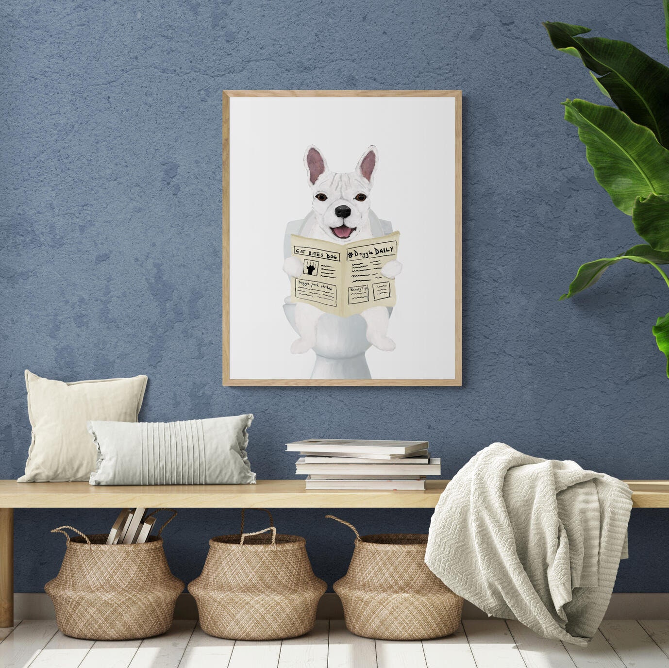 White French Bulldog On Toilet Print, Dog On Toilet Art, Bathroom Art, Bathroom Dog Painting, Frenchie On Toilet Print, Dog Lover Gift