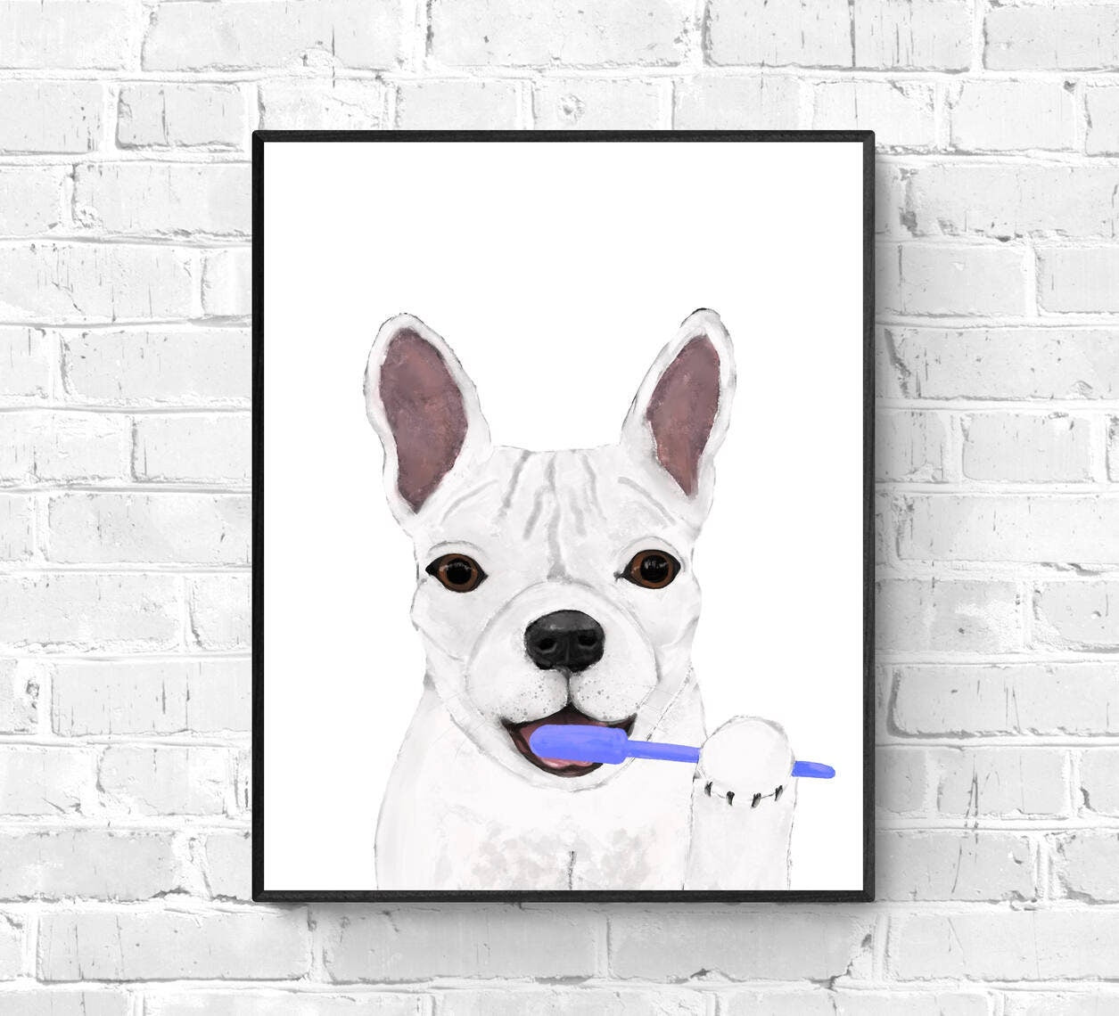 French Bulldog Brushing Teeth Print, White Frenchie with Toothbrush, Bathroom Wall Art, Dog Painting, Dog In Bath Illustration, Dog Lover