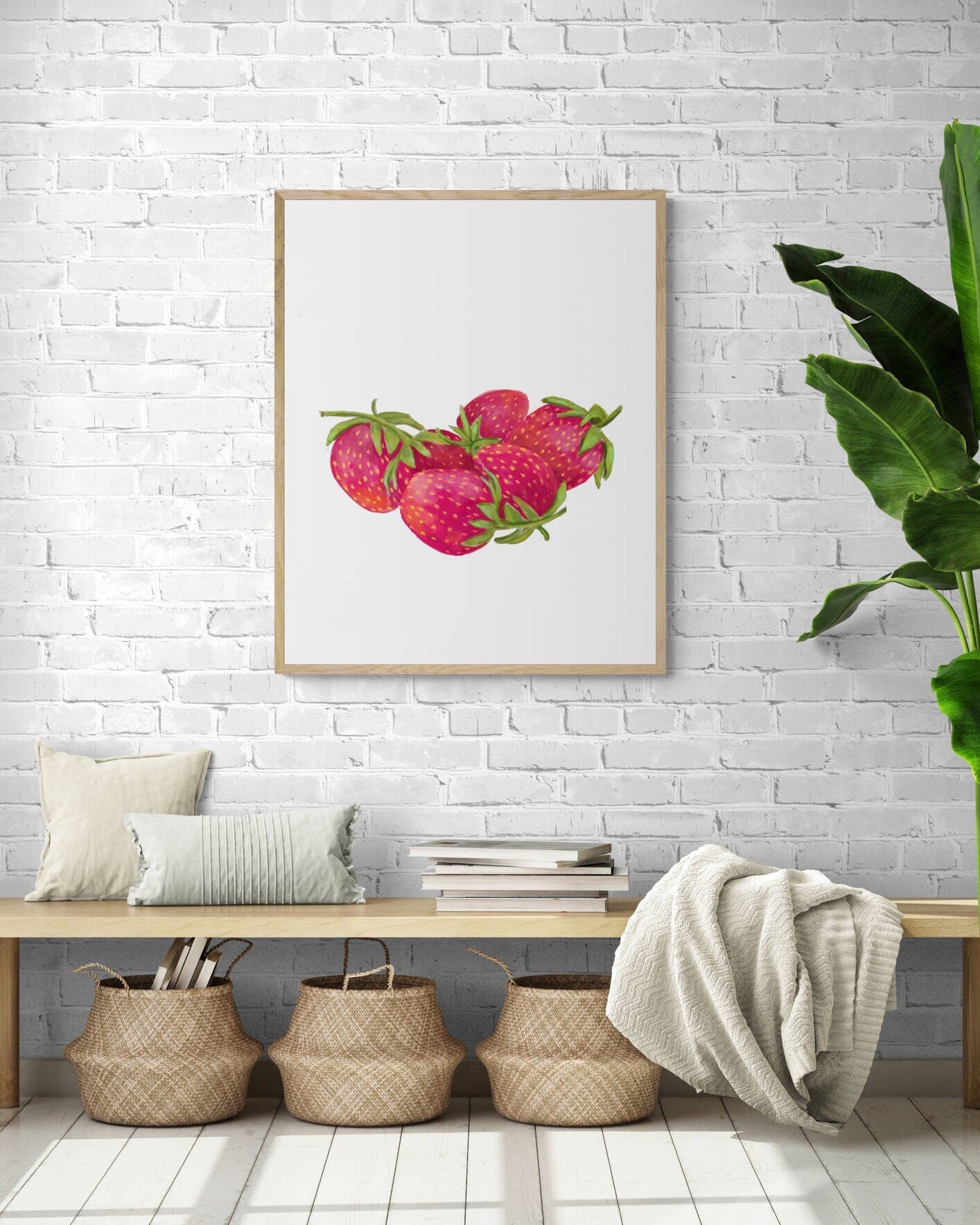 Strawberry Art Print, Strawberry Wall Art, Kitchen Wall Hanging, Dining Room Decor, Berry Painting, Fruit Illustration, Farmhouse Wall Decor