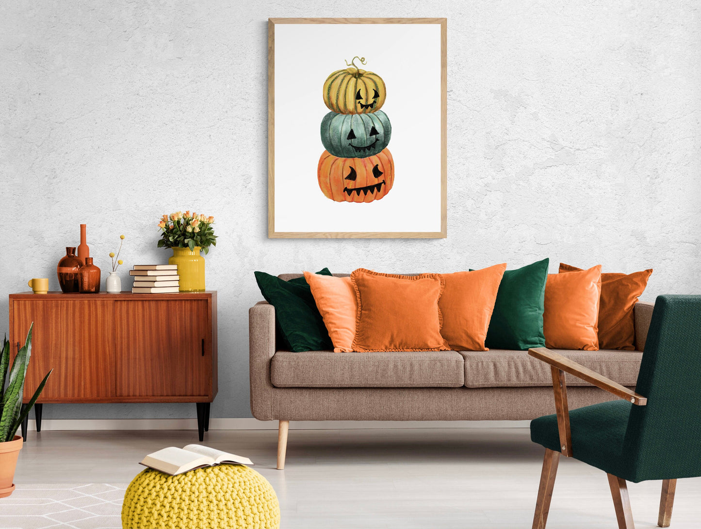 Colorful Halloween Pumpkins Print, Fall Decor, Living Room Home Art, Holiday Wall Art, Pumpkin Illustration, Autumn Wall Painting