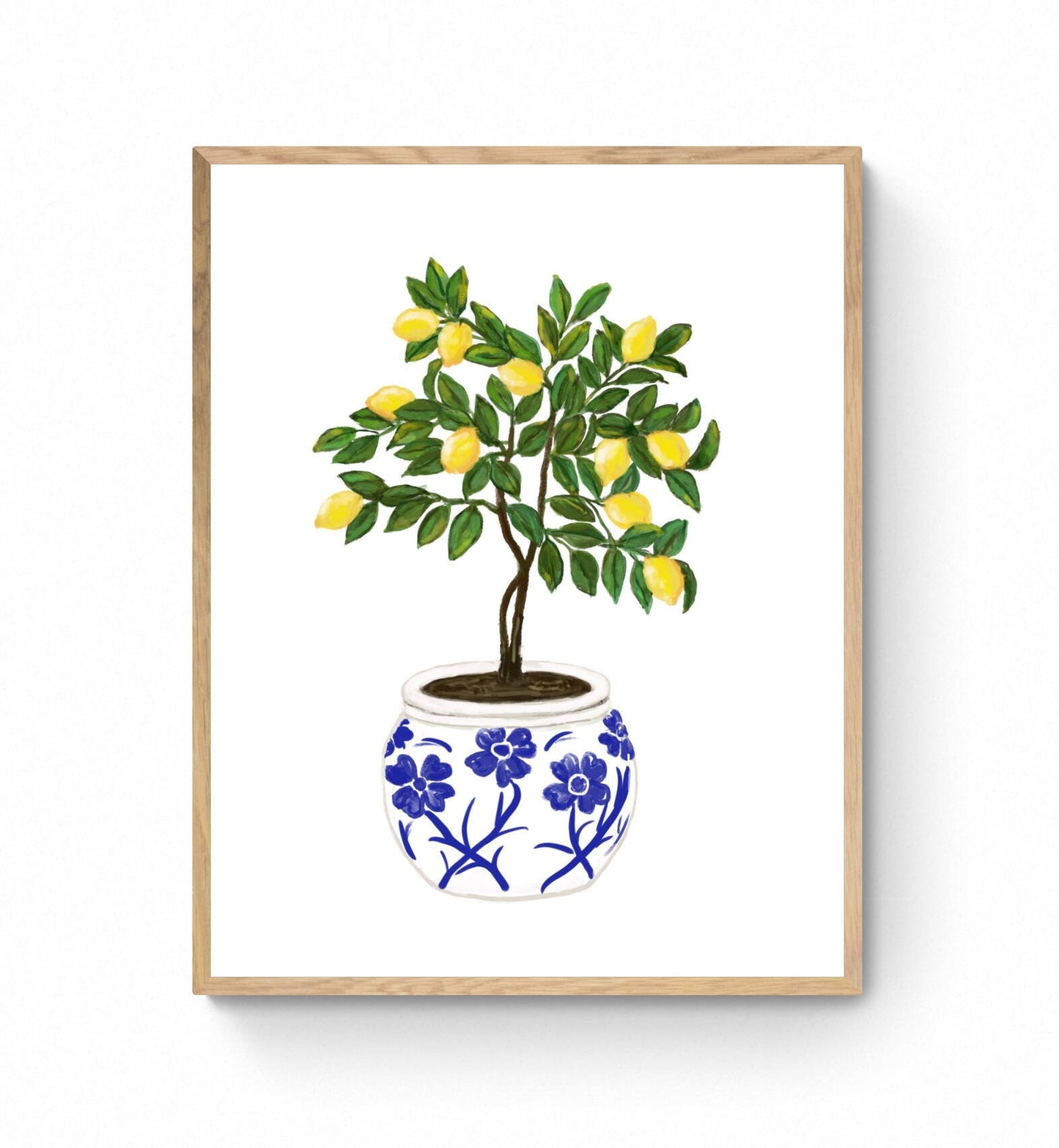 Lemon Tree Art Print, Fresh Lemons Wall Art, Blue and White Planter, Dining Room Decor, Citrus Painting, Fruit Illustration, Farmhouse Decor
