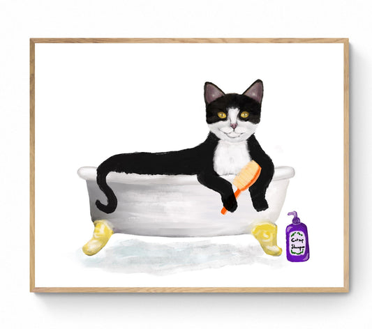 Tuxedo Cat Bathing Print, Black and White Cat In Bathtub, Bathroom Art, Bathroom Cat Painting, Cat Relaxing In Bath Print, Cat Lover Gift