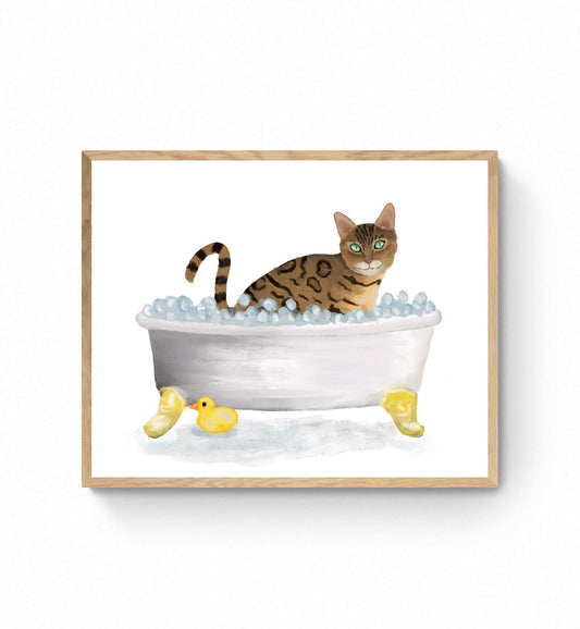 Gold Bengal Cat Bathing Print, Bengal Cat In Bathtub, Bathroom Art, Bathroom Cat Painting, Cat Relaxing In Bath Print, Cat Lover