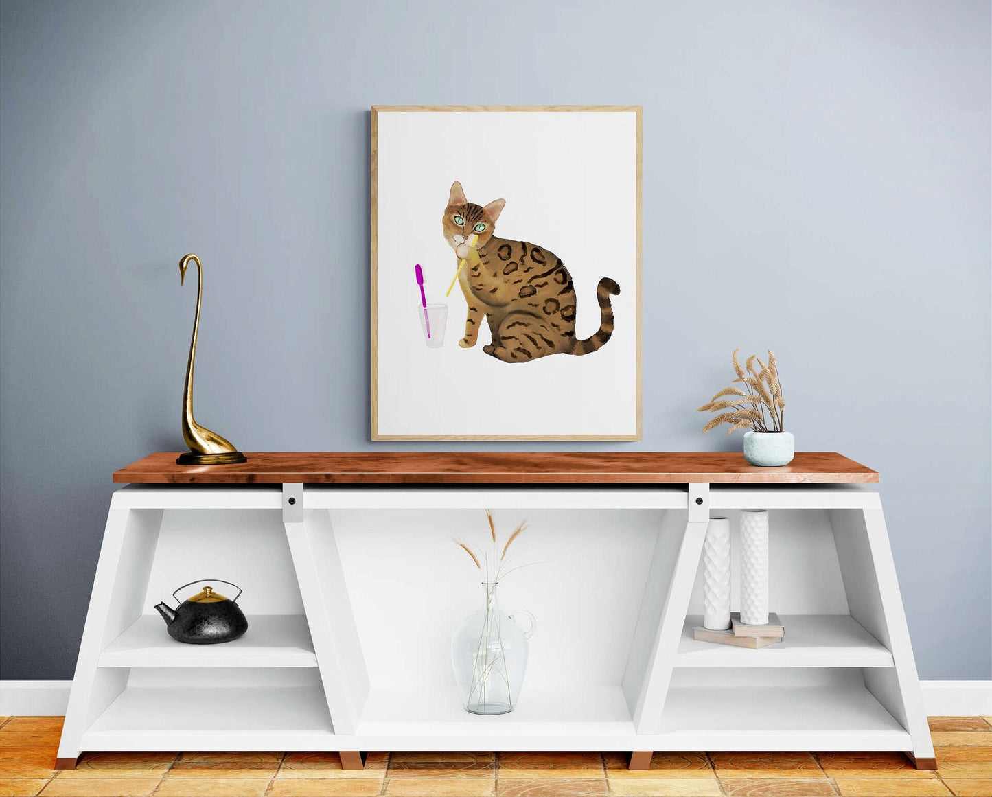 Gold Bengal Cat Licking Toothbrush, Bengal Cat Brushing Teeth, Bathroom Art, Bathroom Cat Painting, Cat In Bath Print, Cat Lover Gift