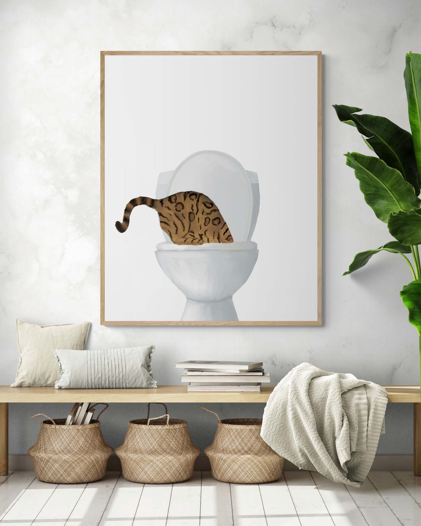 Gold Bengal Cat Drinking Water From Toilet Print, Bengal Cat Art, Bathroom Decor, Bathroom Cat Painting, Kitty Licking Water From Toilet Art
