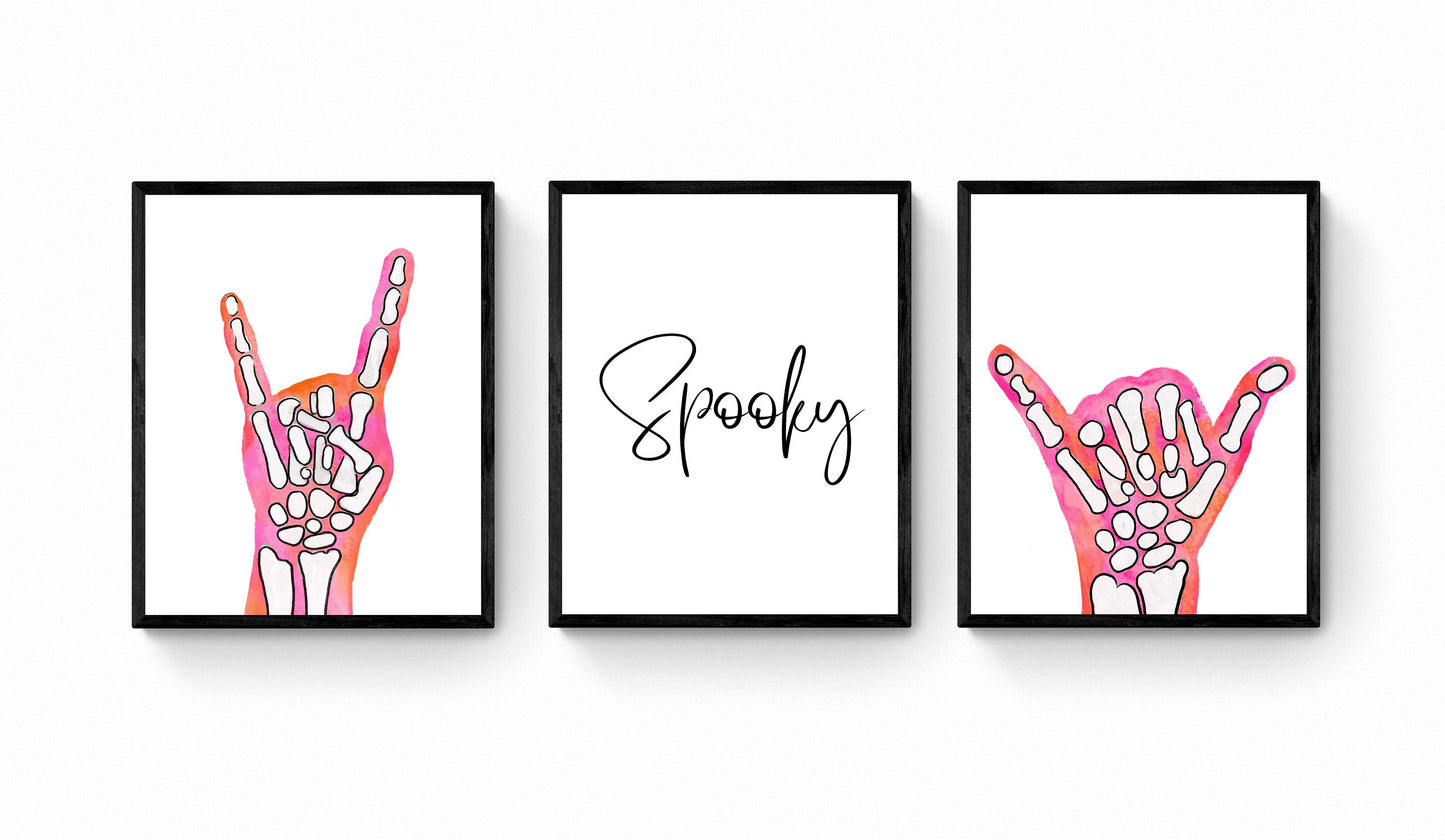Halloween Sign Set of 3, Pink an Orange Shaka and Peace Sign Artwork, Spooky Holiday Wall Art, Skeleton Hand Shaka Sign, Fall Painting