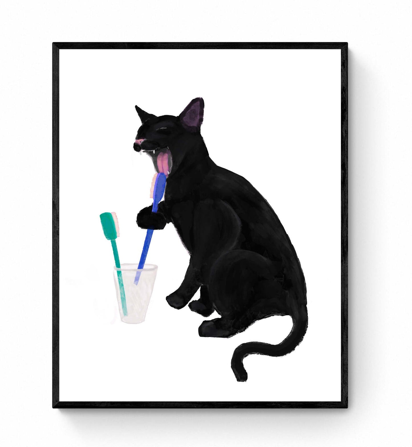 Black Cat Licking Toothbrush, Black Cat Brushing Teeth, Bathroom Art, Bathroom Cat Painting, Cat In Bath Print, Cat Lover Gift