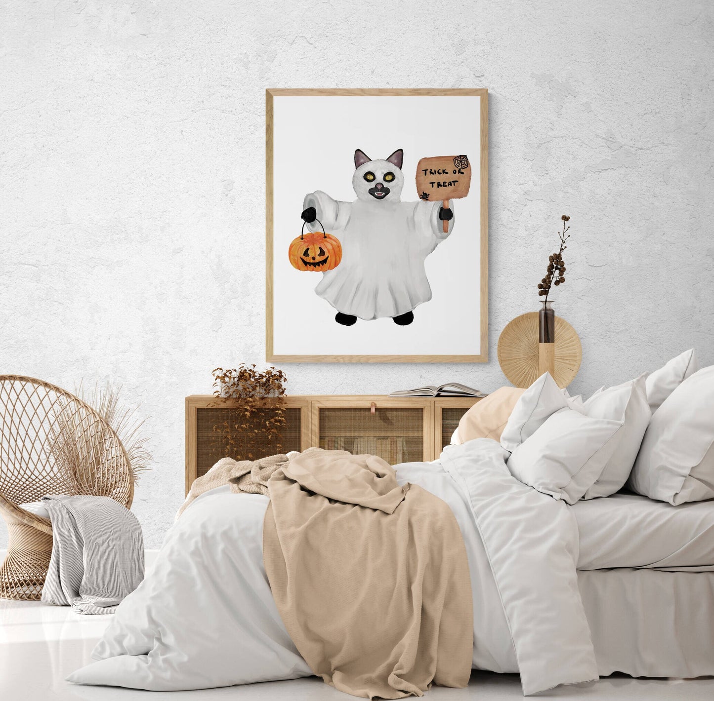 Black Cat with Ghost Costume Print, Halloween Cat Painting, Black Cat With Pumpkin Portrait, Holiday Wall Art, Fall Autumn Wall Print