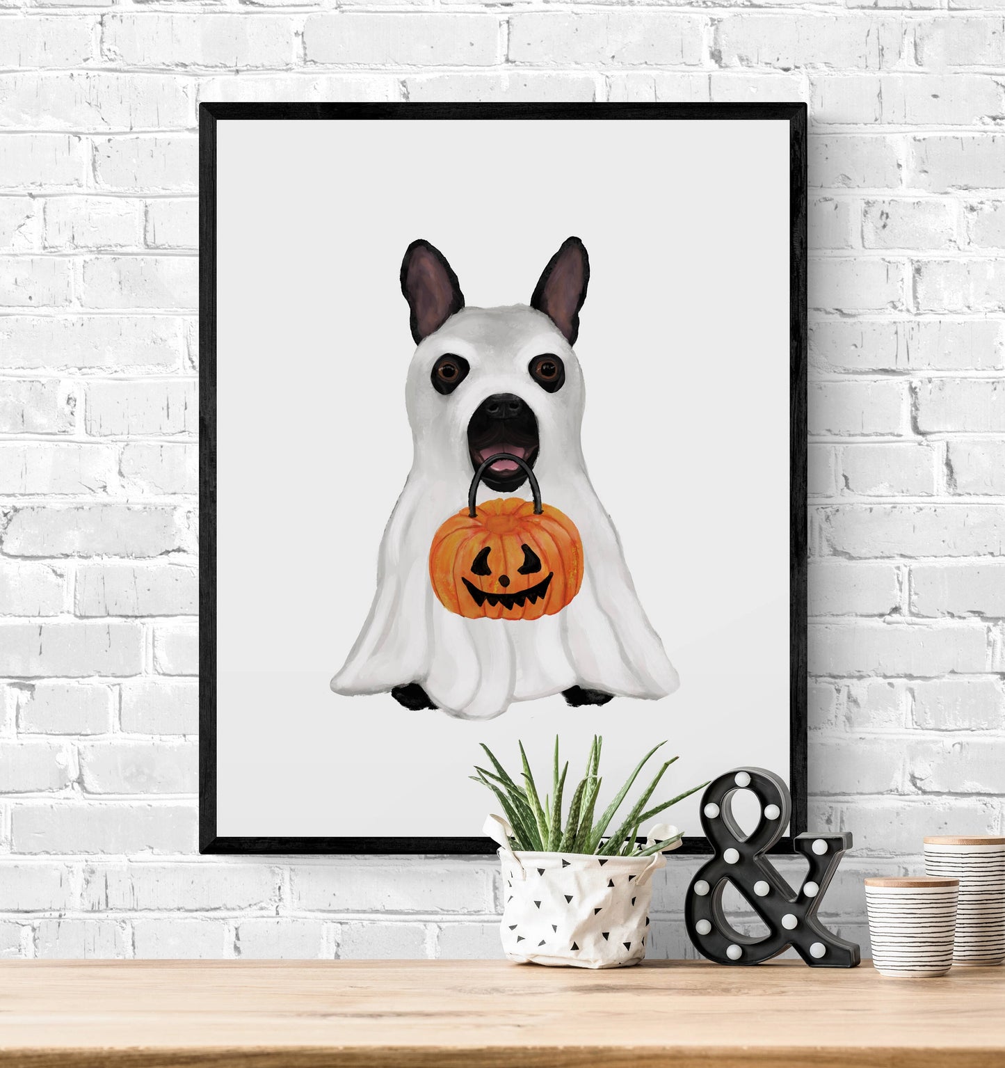 Black French Bulldog with Ghost Costume Print, Halloween Dog Painting, Jack o Lantern, Holiday Wall Art, Fall Autumn Wall Print