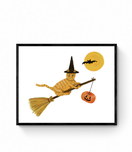 Ginger Cat Flying with a Broom Print, Halloween Cat Painting, Orange Tabby Cat Portrait, Holiday Wall Art, Orange Cat Flying with Bats