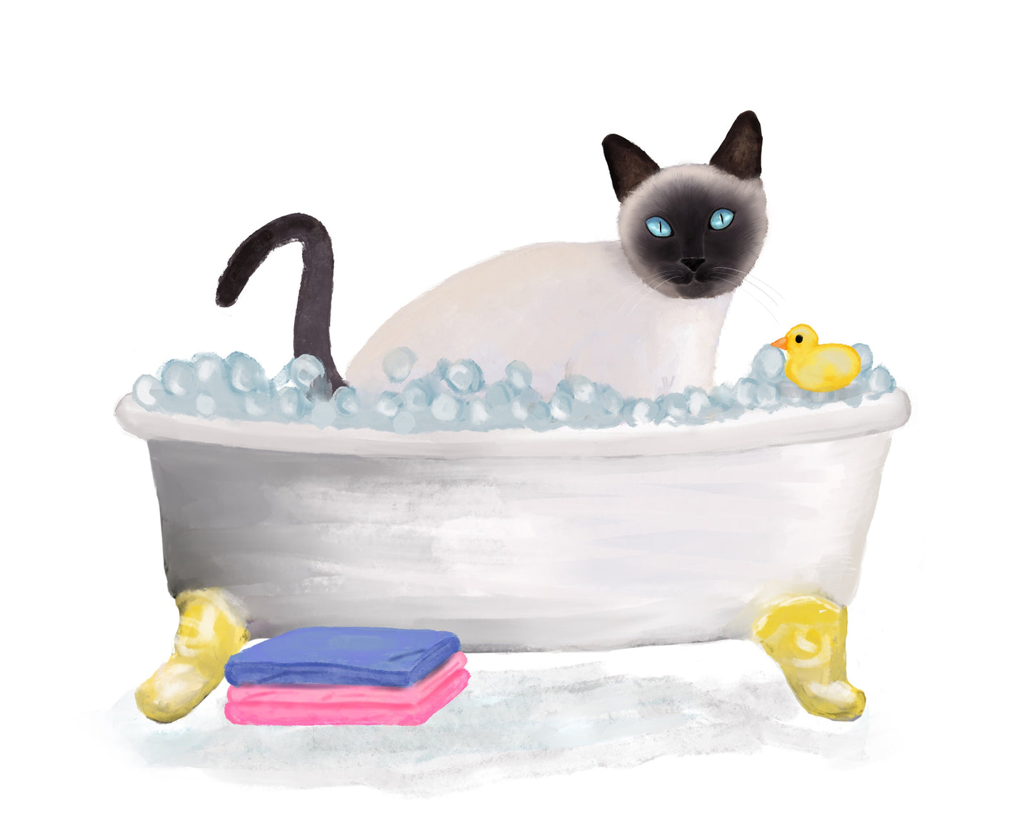 Siamese Cat Bathing Print, Siamese Cat In Bathtub, Bathroom Art, Bathroom Cat Painting, Cat Relaxing In Bath Print, Cat Lover Gift