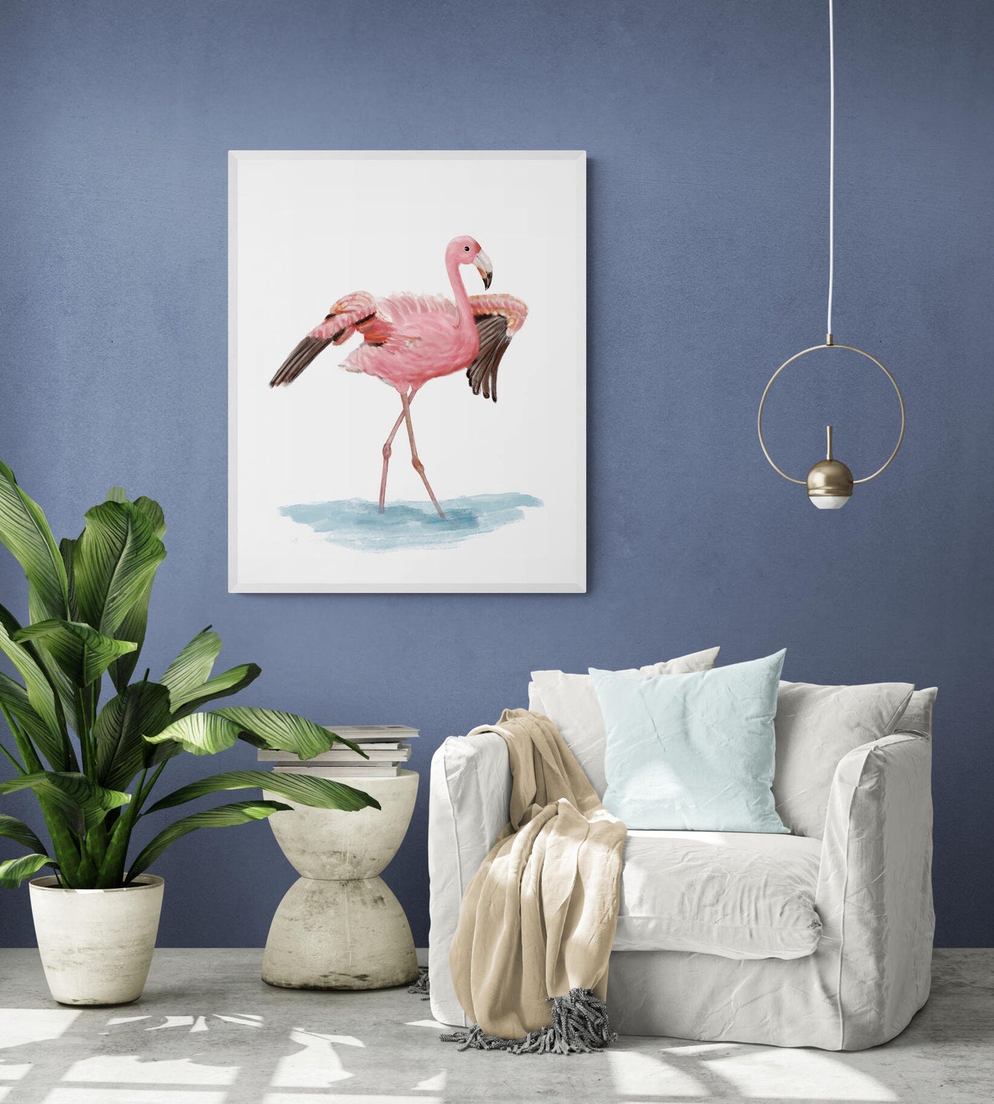 Pink Flamingo Flapping Wings Print, Bird Painting, Flamingo Bird Print, Beach House Wall Art, Living Room Wall Art, Pink Flamingo Art Print