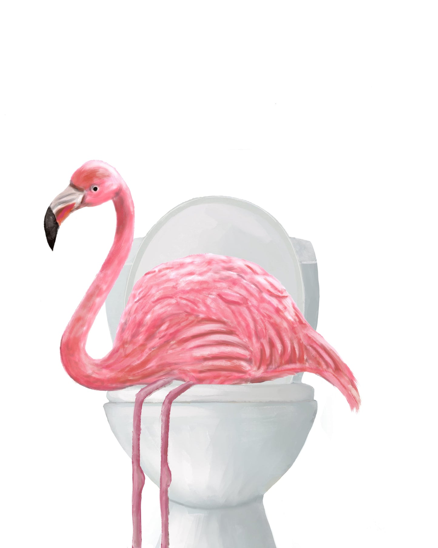 Pink Flamingo In Bath Set of 2 Print, Flamingo In Bathtub, Bathroom Wall Art, Wildlife Painting, Flamingo on Toilet Print, Flamingos in Tub