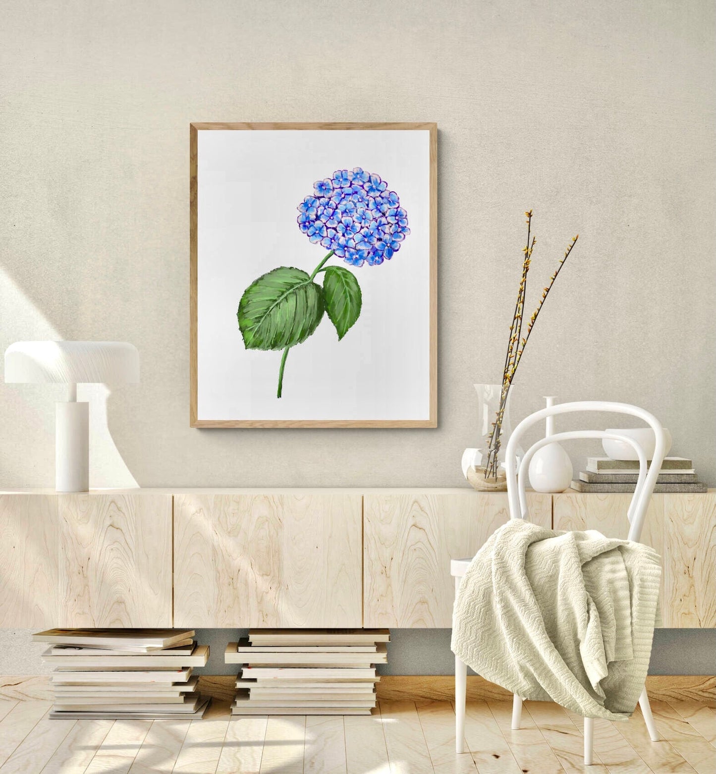 Hydrangea Art Print, Flower Wall Art, Kitchen Wall Hanging, Dining Room Decor, Blue Flower Painting Illustration, Farmhouse Wall Decor