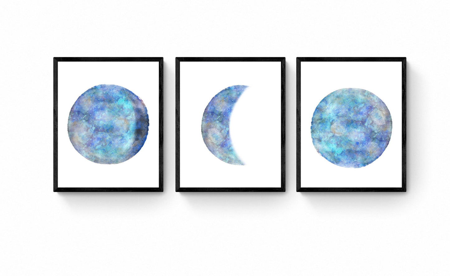 Moon Phases Set of 3 Print, Blue Indigo Moon Poster, Galaxy Artwork, Home Wall Decor, Modern Art, Bedroom Wall Decor, Lunar phase, Space Art