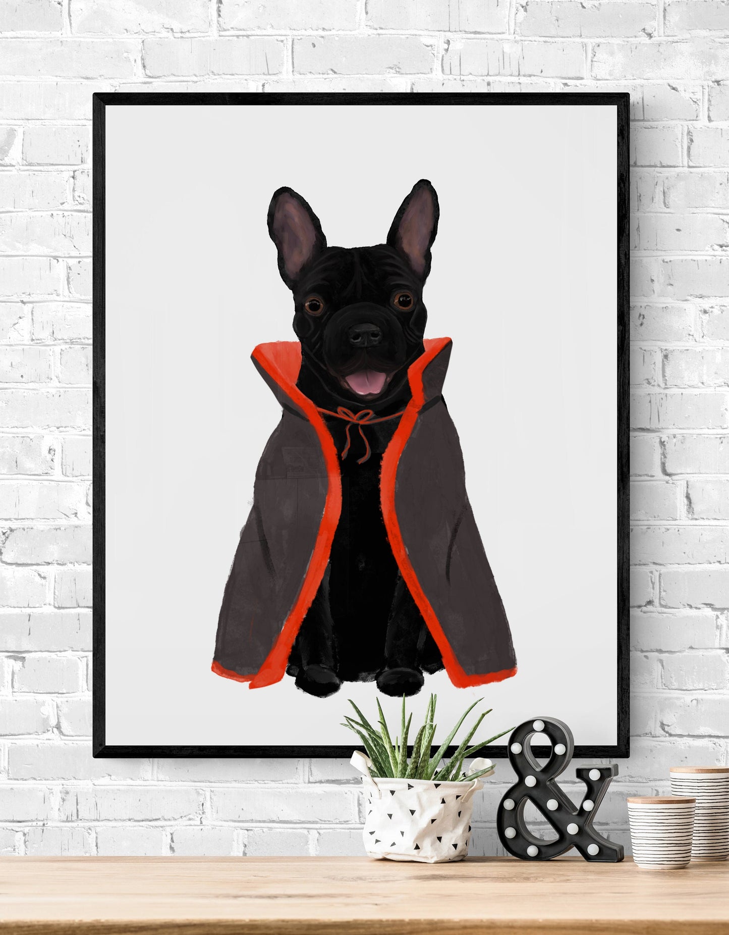 Black French Bulldog with Costume Print, Halloween Dog Painting, Spooky Dog Artwork, Holiday Wall Art, Fall Autumn Wall Print