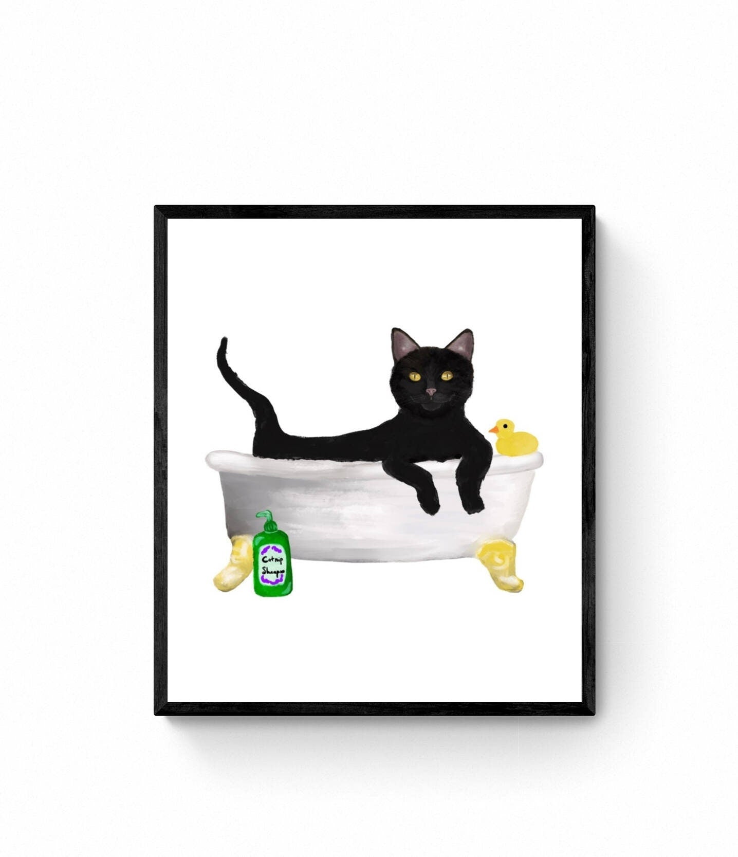 Black Cat Bathing Print, Black Cat In Bathtub, Bathroom Art, Bathroom Cat Painting, Cat Relaxing In Bath Print, Cat Lover Gift