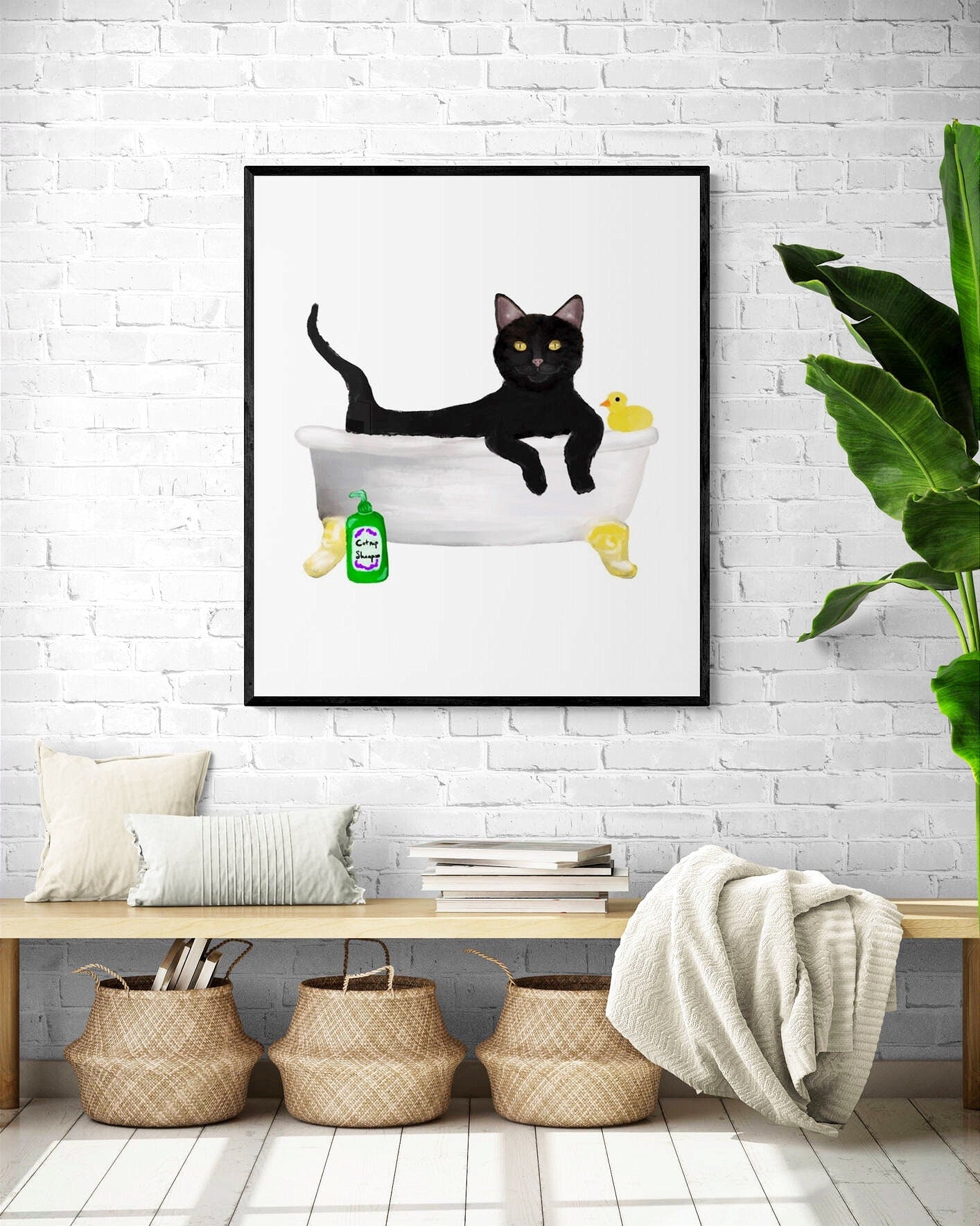 Black Cat Bathing Print, Black Cat In Bathtub, Bathroom Art, Bathroom Cat Painting, Cat Relaxing In Bath Print, Cat Lover Gift