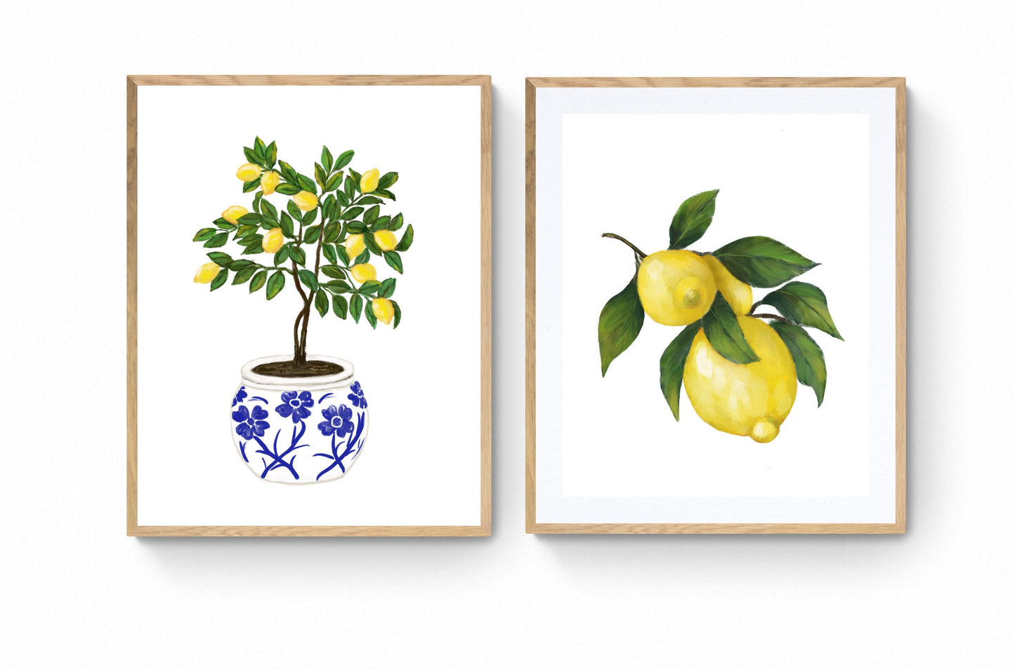 Set of 2 Lemon and Tree Art Print, Lemons Wall Art, Blue and White Planter, Dining Room Decor, Citrus Painting, Farmhouse Decor
