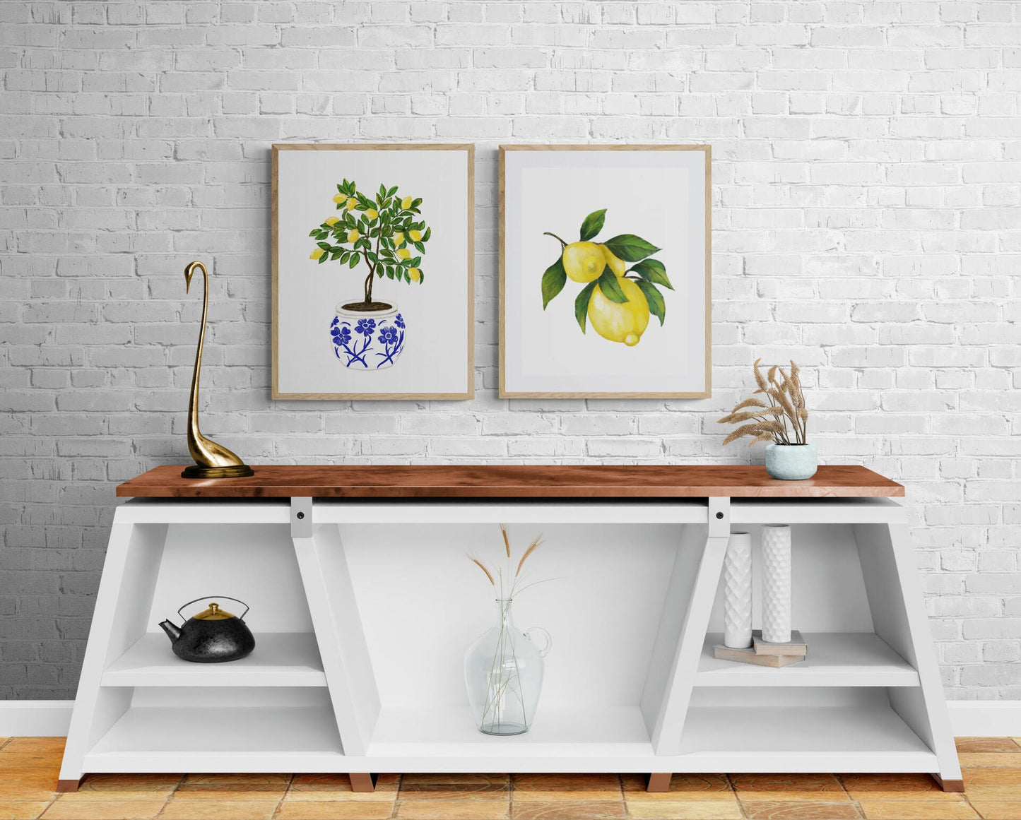 Set of 2 Lemon and Tree Art Print, Lemons Wall Art, Blue and White Planter, Dining Room Decor, Citrus Painting, Farmhouse Decor
