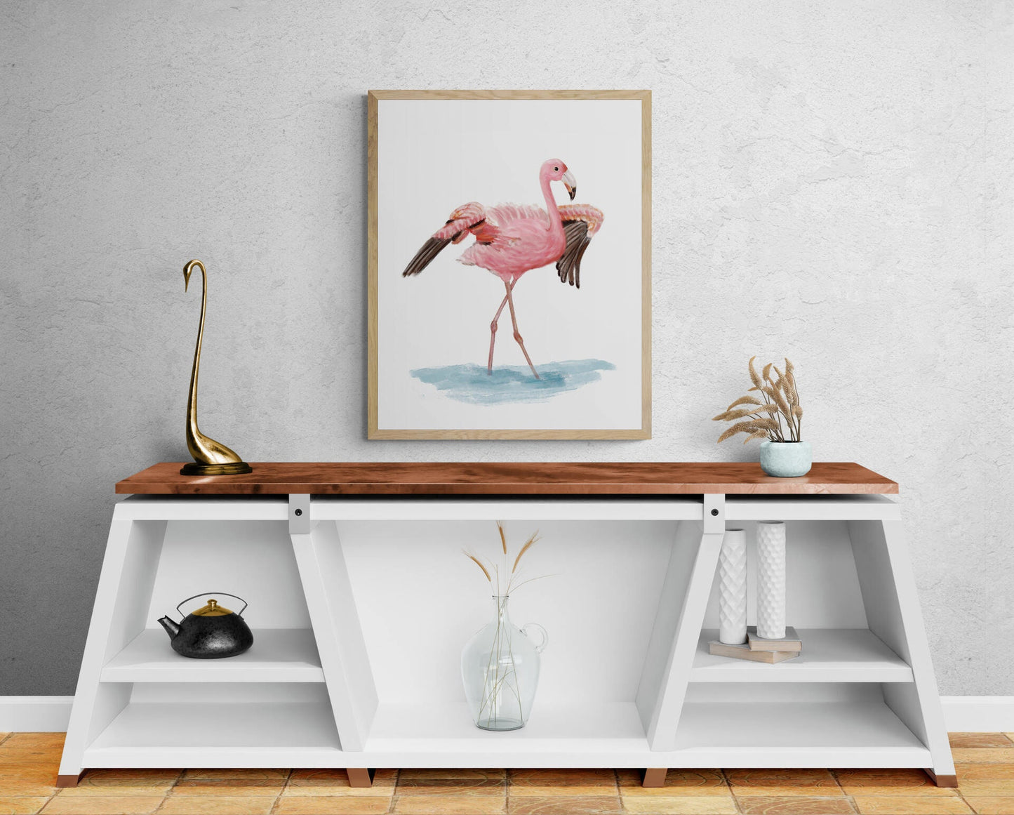 Pink Flamingo Flapping Wings Print, Bird Painting, Flamingo Bird Print, Beach House Wall Art, Living Room Wall Art, Pink Flamingo Art Print