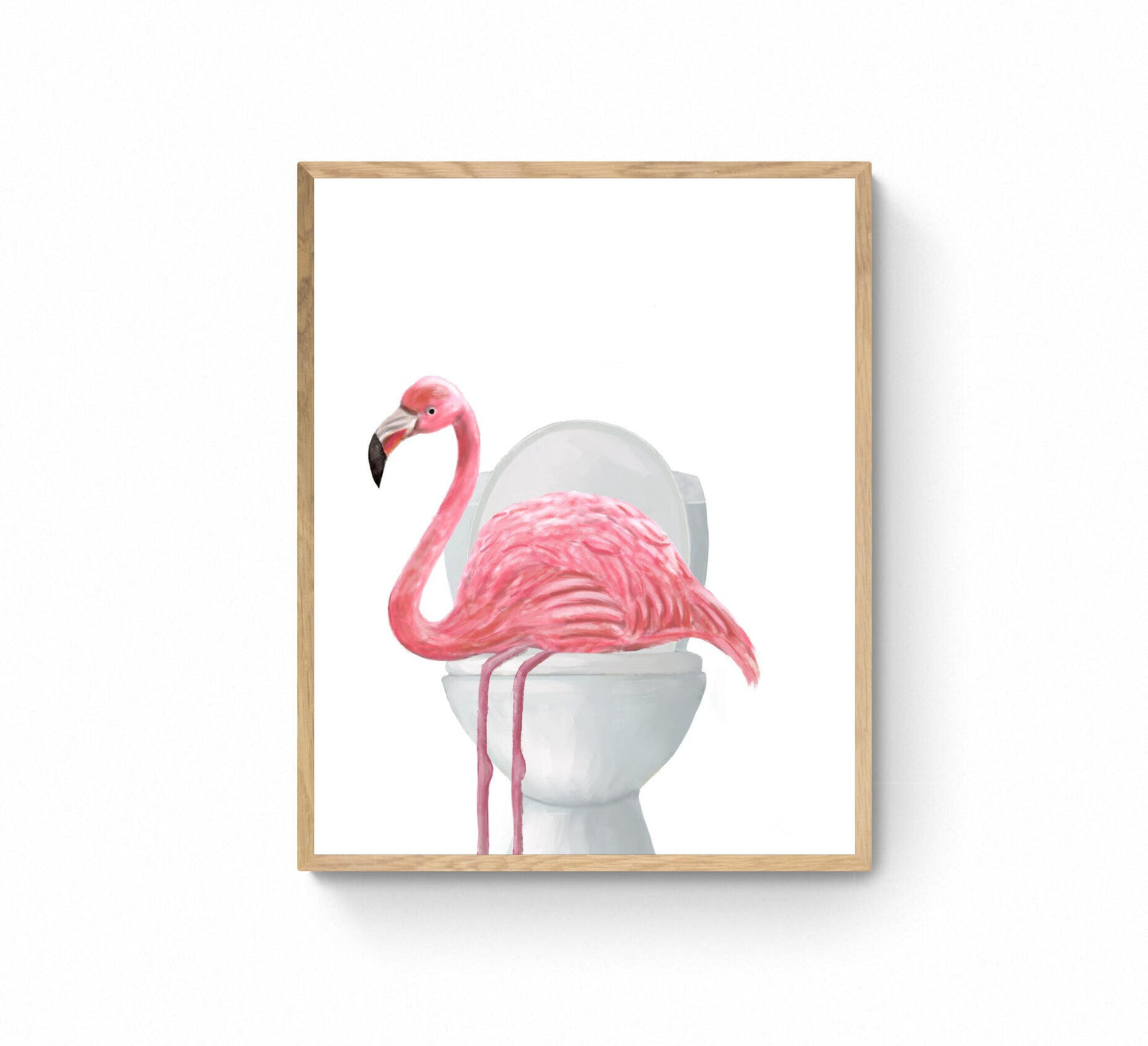 Pink Flamingo On Toilet Print, Flamingo In Bathroom, Animal Bathroom Wall Art, Wildlife Painting, Flamingo In Bath Print
