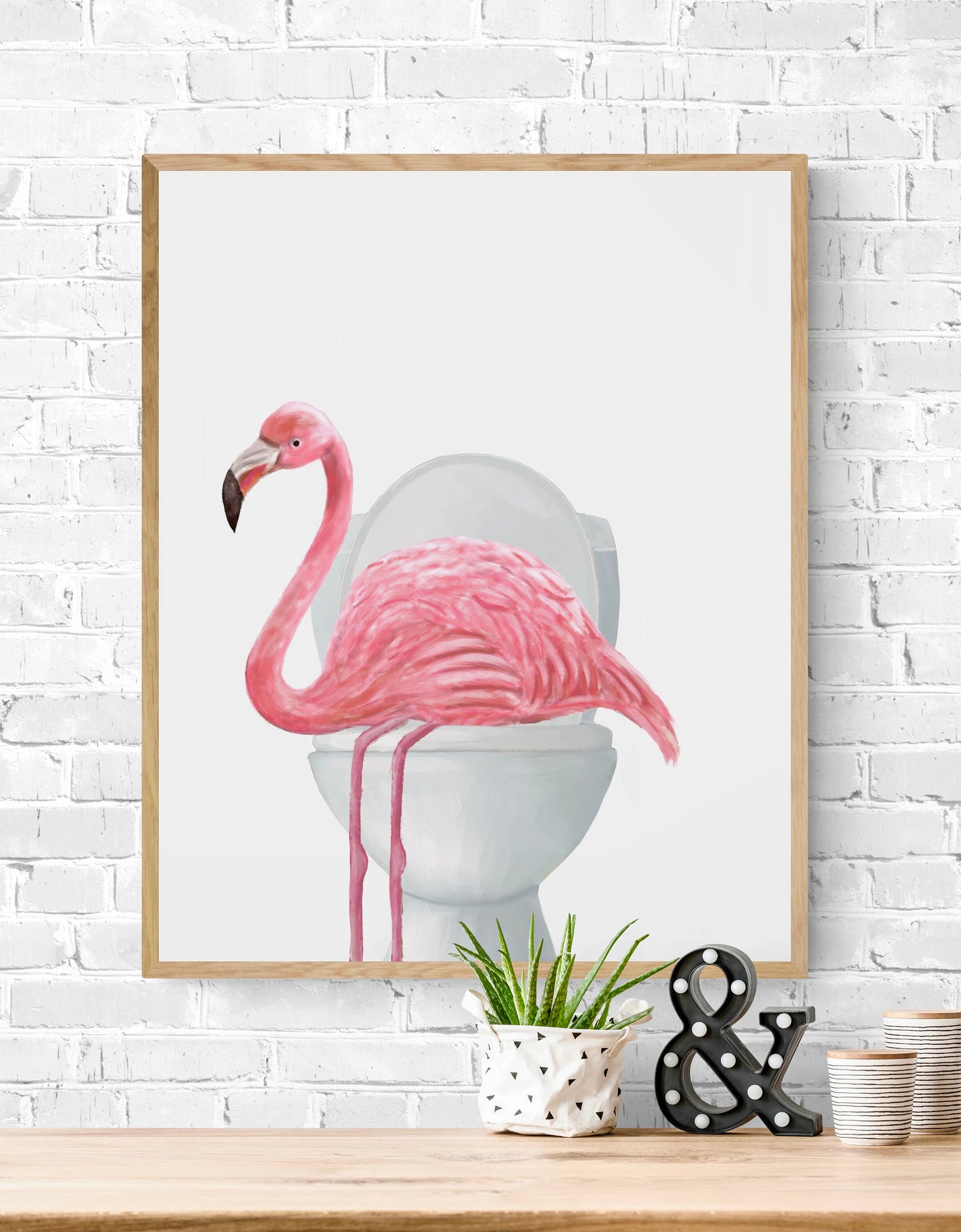 Pink Flamingo On Toilet Print, Flamingo In Bathroom, Animal Bathroom Wall Art, Wildlife Painting, Flamingo In Bath Print