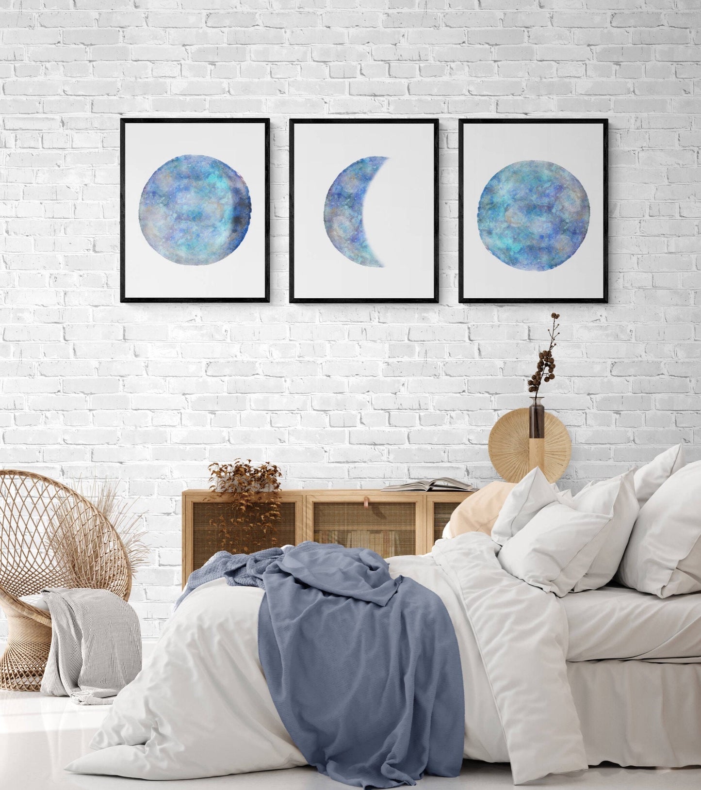 Moon Phases Set of 3 Print, Blue Indigo Moon Poster, Galaxy Artwork, Home Wall Decor, Modern Art, Bedroom Wall Decor, Lunar phase, Space Art