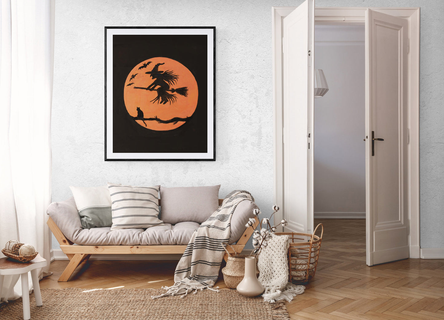 Witch Flying with a Broom Print, Halloween Cat Painting, Halloween Orange Moon Portrait, Holiday Wall Art, Flying with Bats Poster