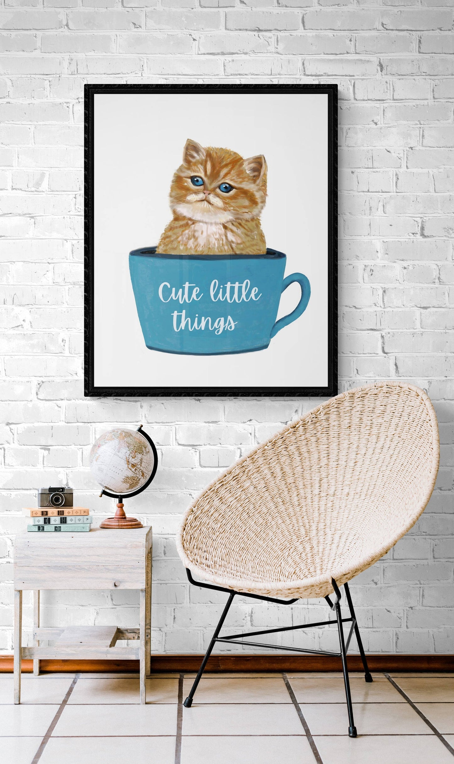 Customized Cute Orange Cat in Tea Cup Print, Orange Tabby Kitten Artwork, Cat Illustration Drawing, Nursery Cat Painting, Holiday Wall Art