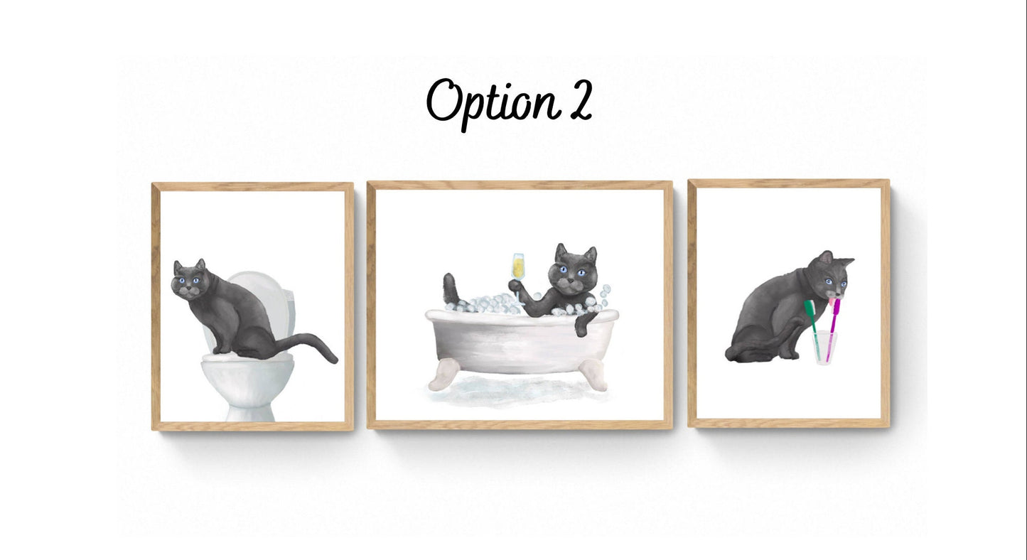 Set of 3 British Short Hair Cat Bathroom Wall Artwork, Bathroom Wall Decor, Cute Gray Cat In Bath Art, Cat On Toilet Print, Cat Lover Gift