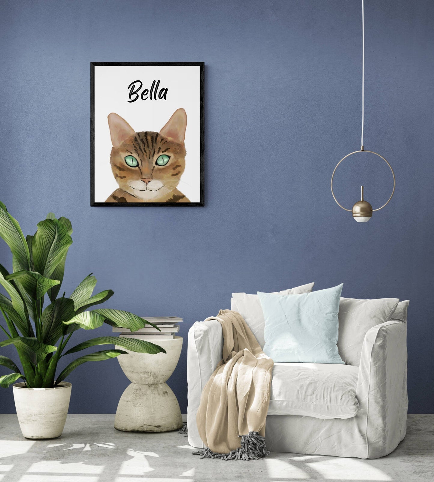 Customized Gold Bengal Cat Portrait, Personalized Cat Name Print, Pet Painting, Bengal Cat With Green Eyes, Animal Memorial, Cat Lover Gift