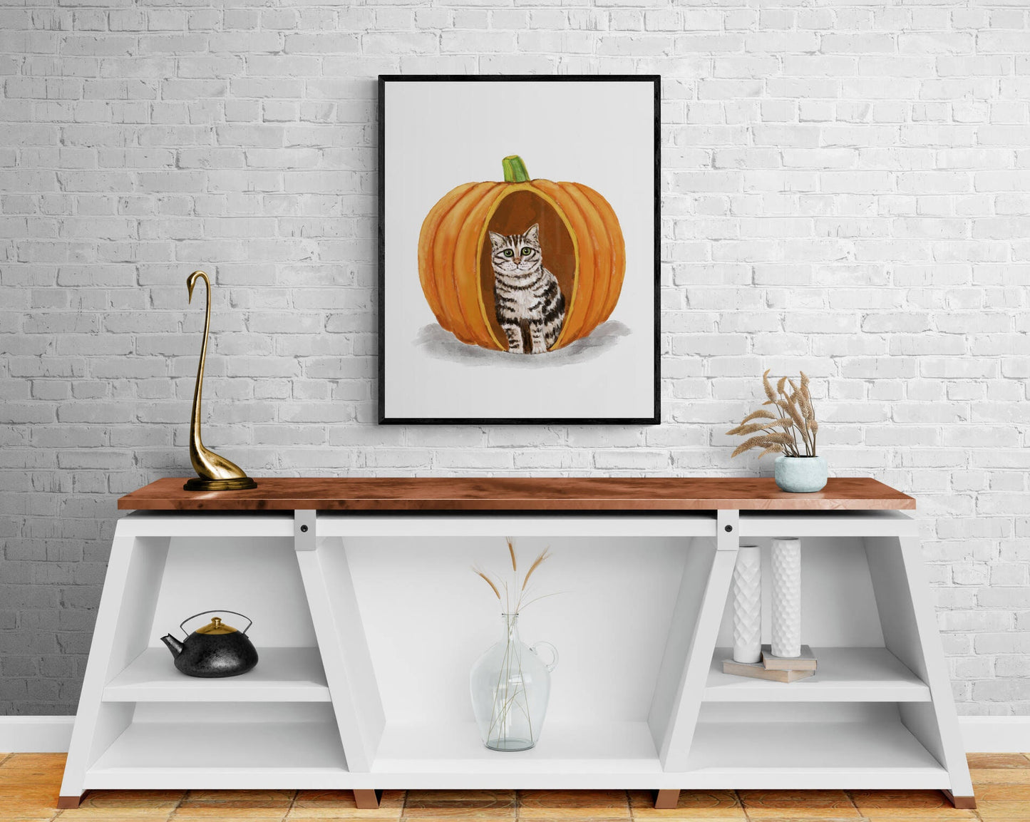 Gray Tabby Cat in Pumpkin Print, Halloween Cat Painting, Gray Cat Hiding in Pumpkin Portrait, Holiday Wall Art, Tabby Cat With Big Eyes