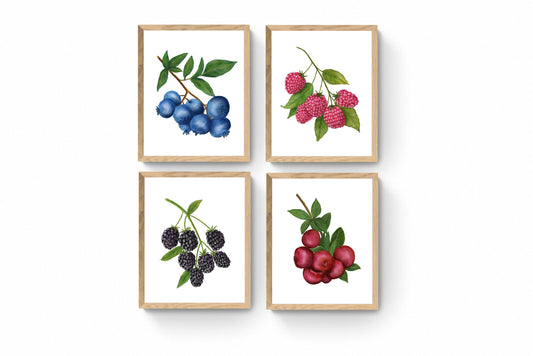 Set of 4 Raspberry Blackberry Cranberry Blueberry Art Print, Kitchen Dining Room Decor, Berry Painting, Fruit Illustration, Farmhouse Decor