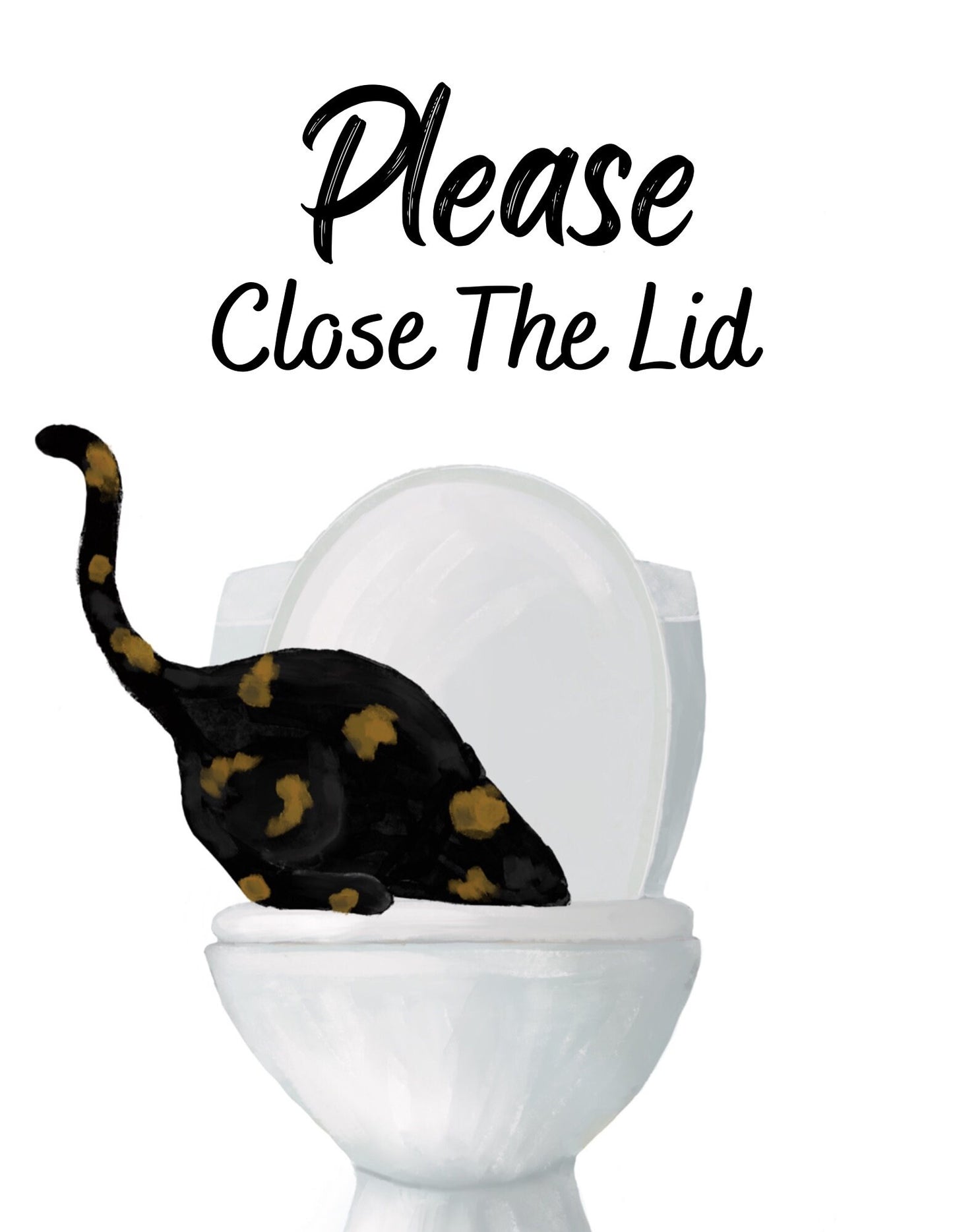 Tortoiseshell Cat Drinking Water From Toilet Sign, Fat Tortie Cat Print, Bathroom Decor, Cat Painting, Kitty Licking Water From Toilet Art,