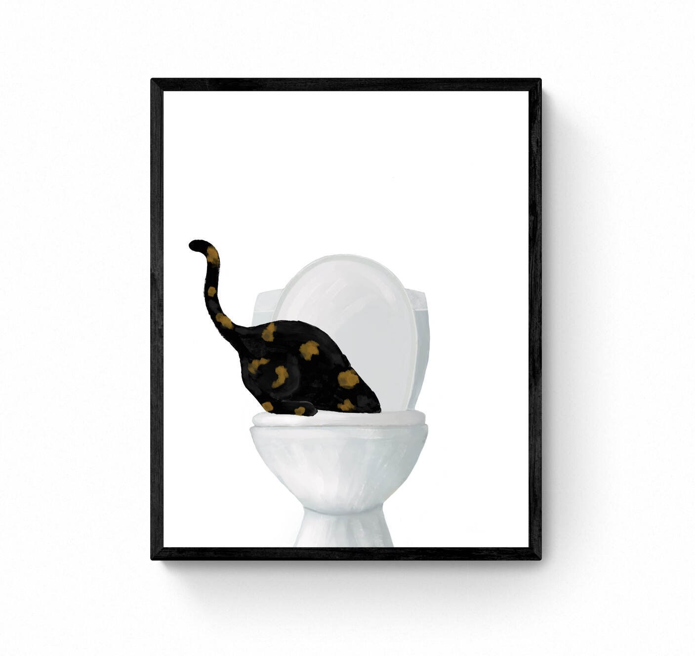 Tortoiseshell Cat Drinking Water From Toilet Art, Fat Tortie Cat Print, Bathroom Decor, Cat Painting, Kitty Licking Water From Toilet Art,