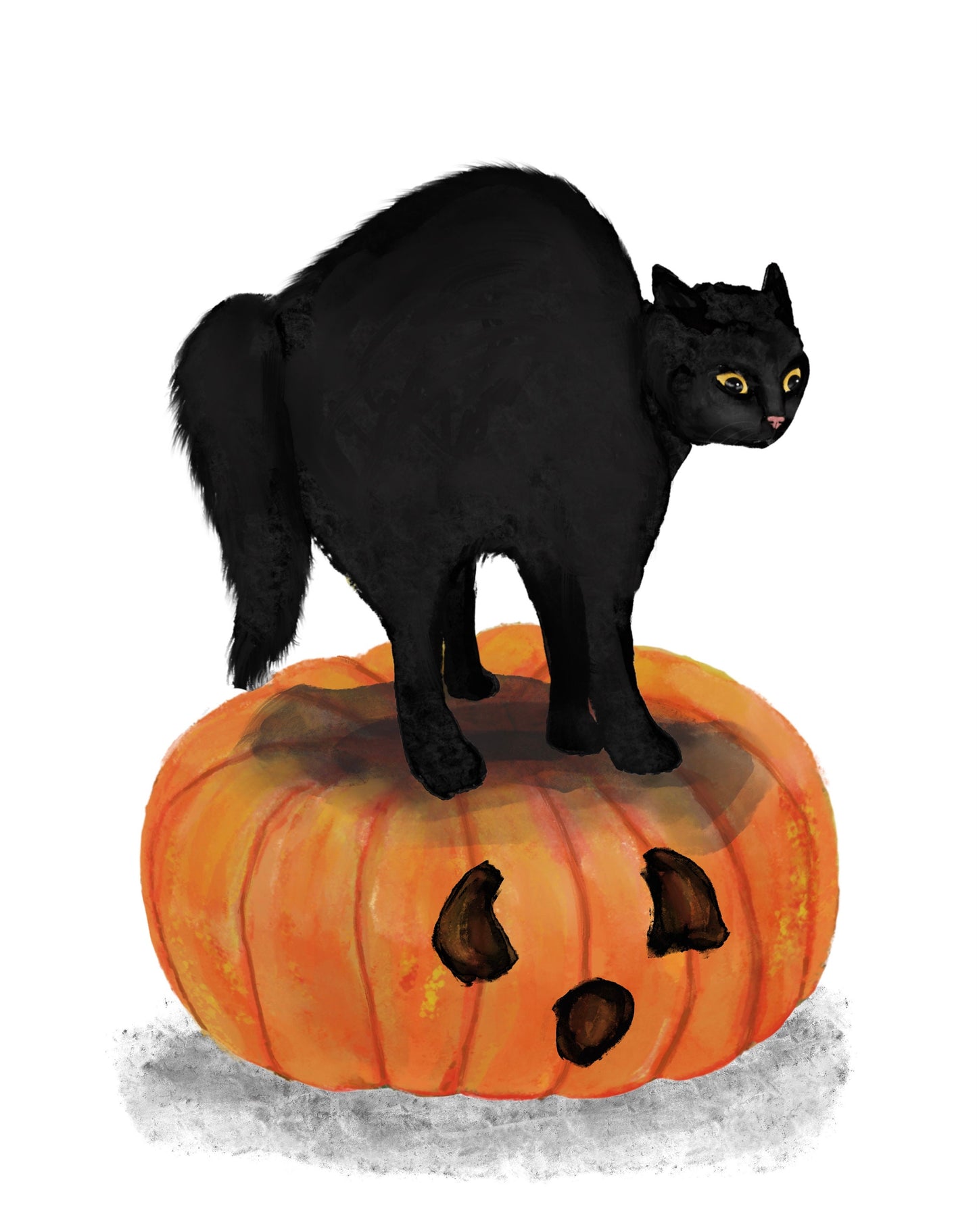 Scared Black Cat on Pumpkin Print, Halloween Cat Painting, Black Cat Portrait, Holiday Wall Art, Defensive Black Cat