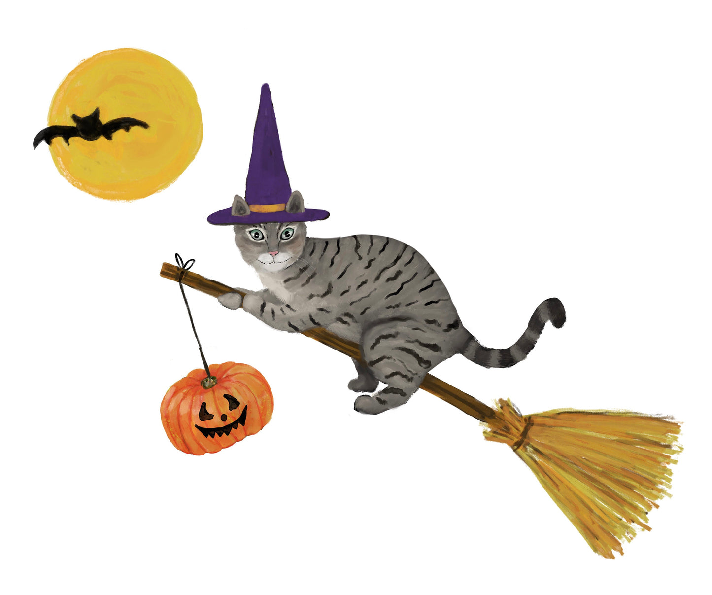 Gray Tabby Cat Flying with a Broom Print, Halloween Cat Painting, Orange Tabby Cat Portrait, Holiday Wall Art, Gray Cat Flying with Bats