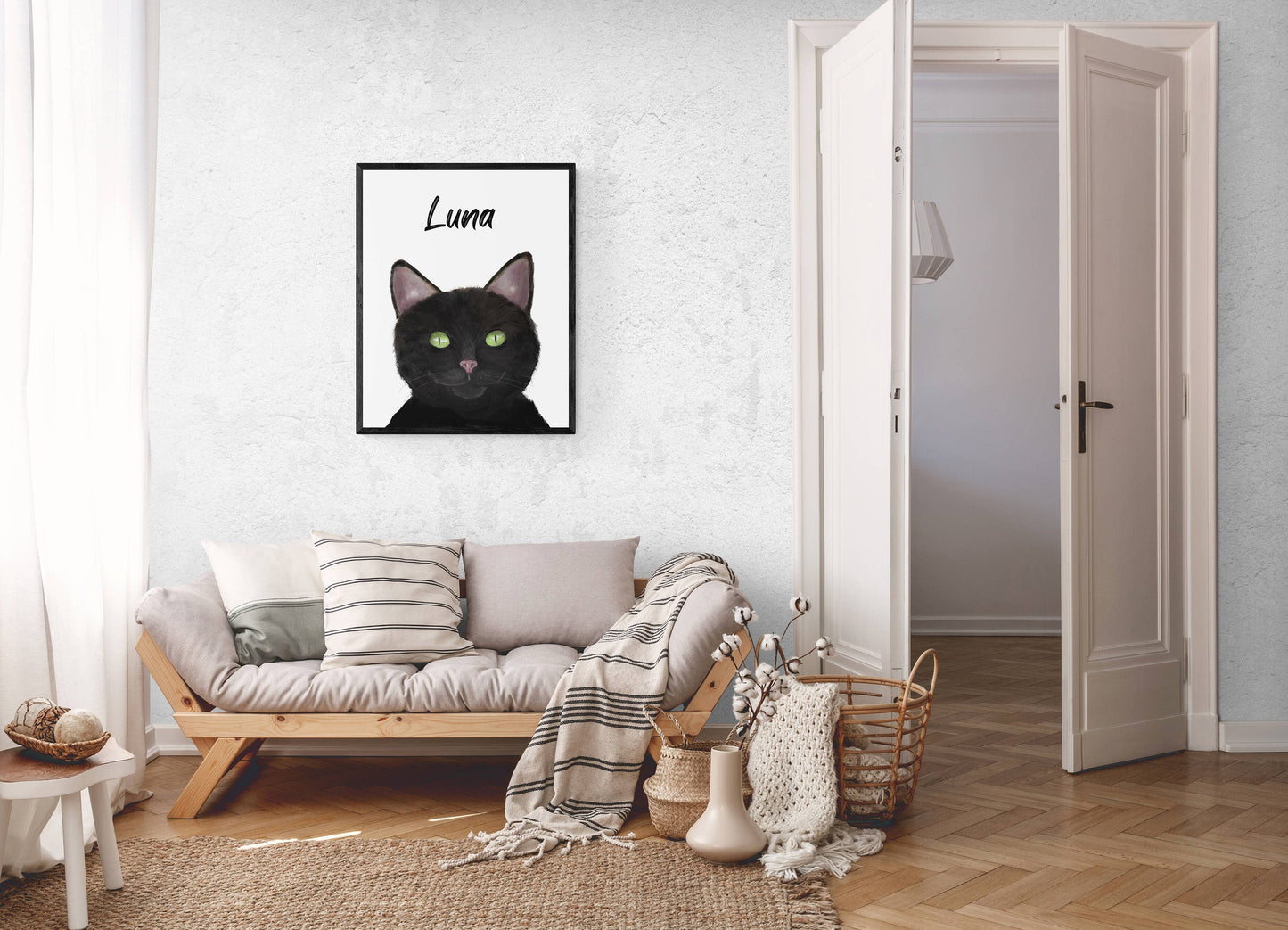 Customized Black Cat Portrait, Personalized Cat Name Print, Pet Painting, Black Cat With Green Eyes, Animal Memorial, Cat Lover Gift