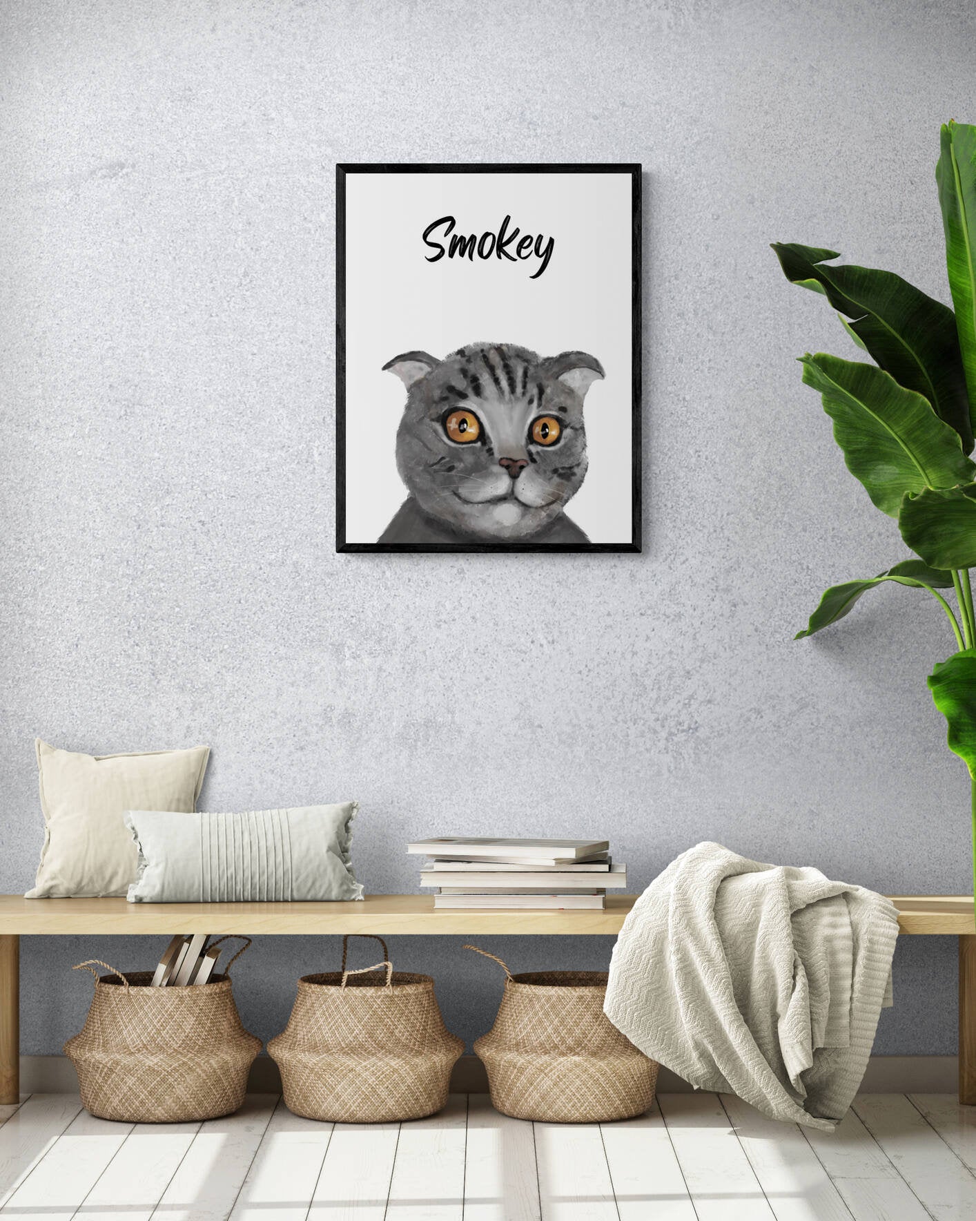 Customized Scottish Fold Cat Portrait, Personalized Cat Name Print, Pet Painting, Gray Cat With Brown Eyes, Animal Memorial, Cat Lover Gift