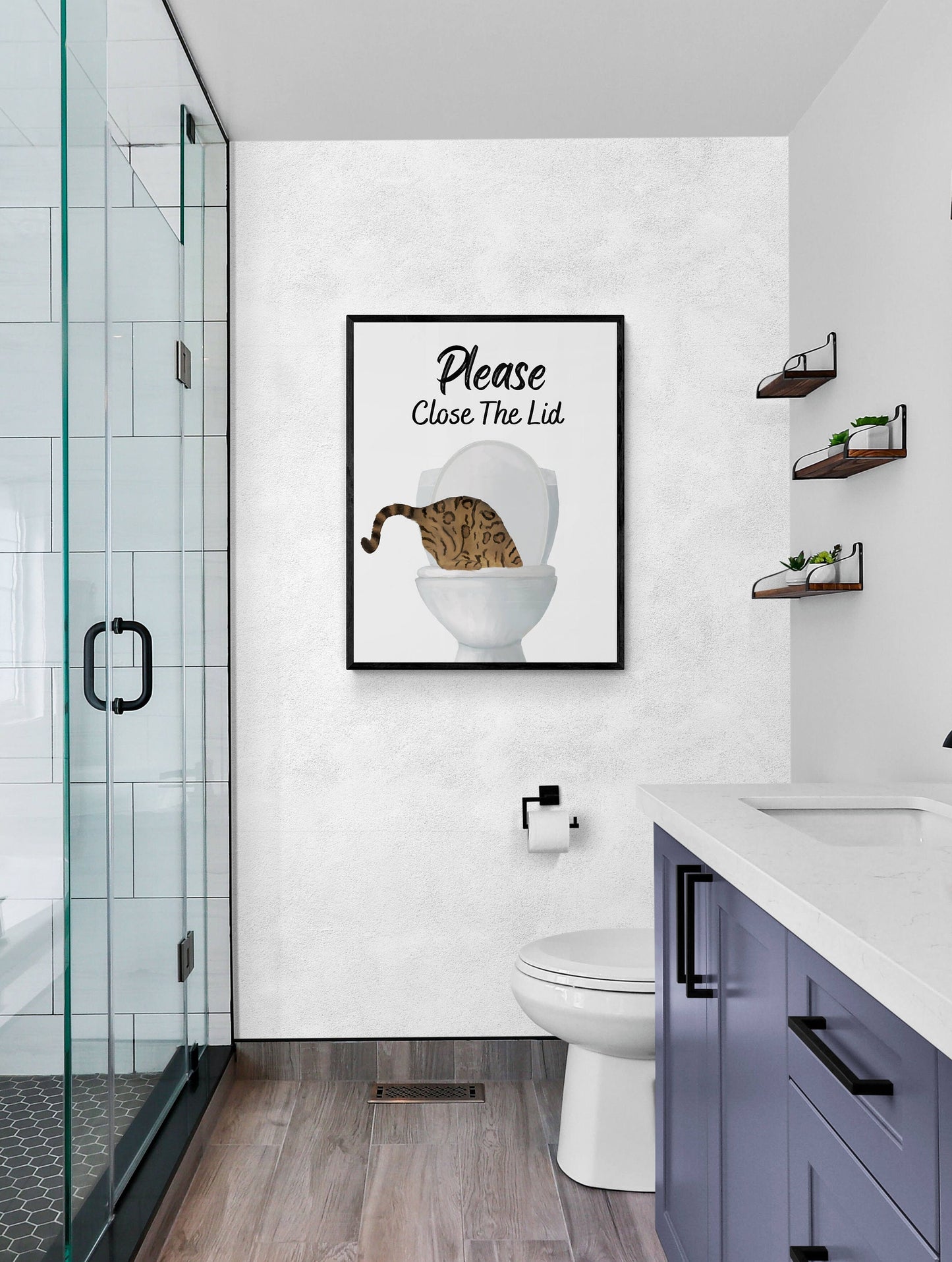 Gold Bengal Cat Drinking Water From Toilet Sign, Fat Bengal Cat Print Decor, Bathroom Cat Painting, Kitty Licking Water From Toilet Art