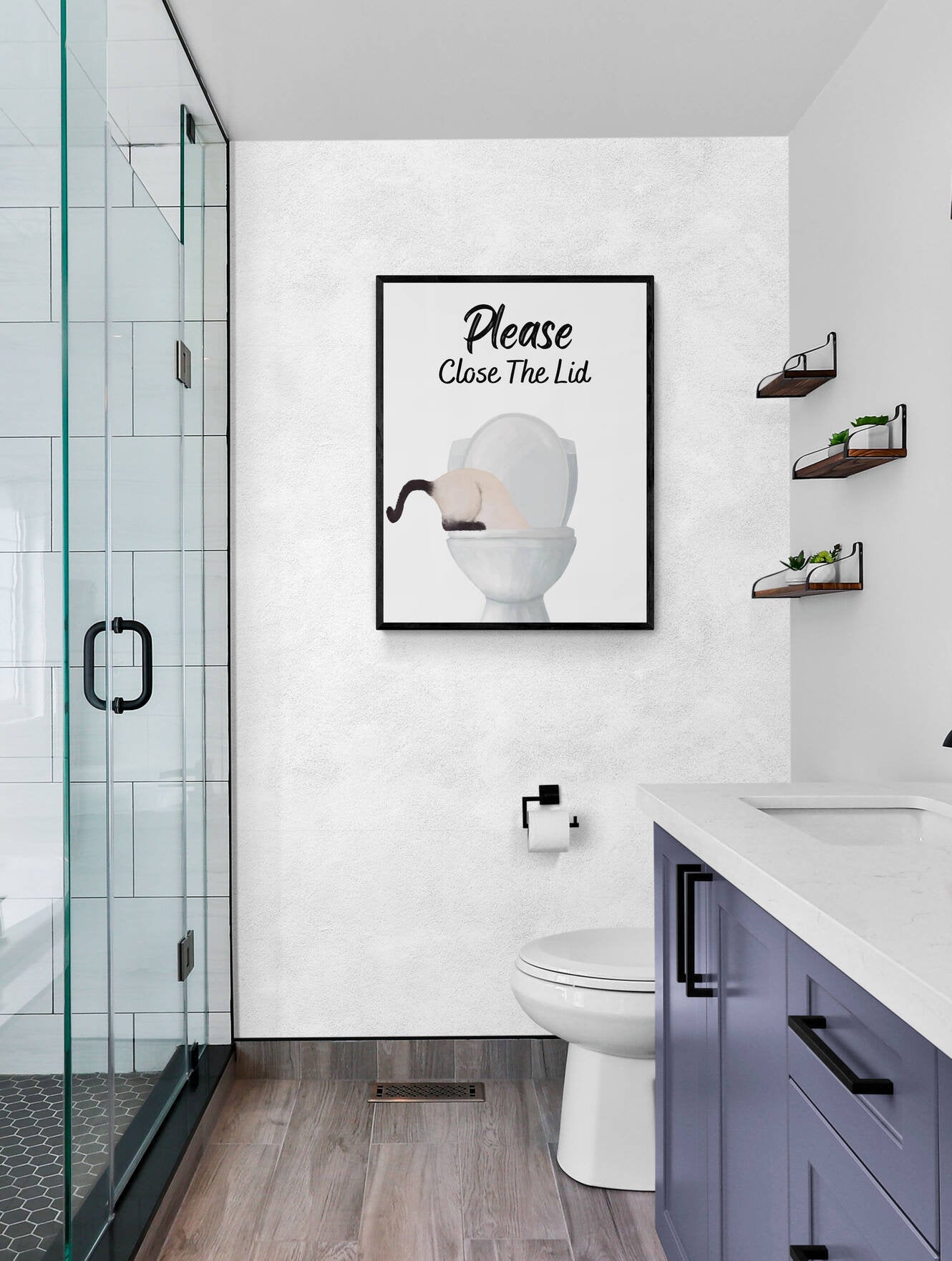 Siamese Cat Drinking Water From Toilet Sign, Fat Siamese Cat Print, Bathroom Decor, Cat Painting, Kitty Licking Water From Toilet Art