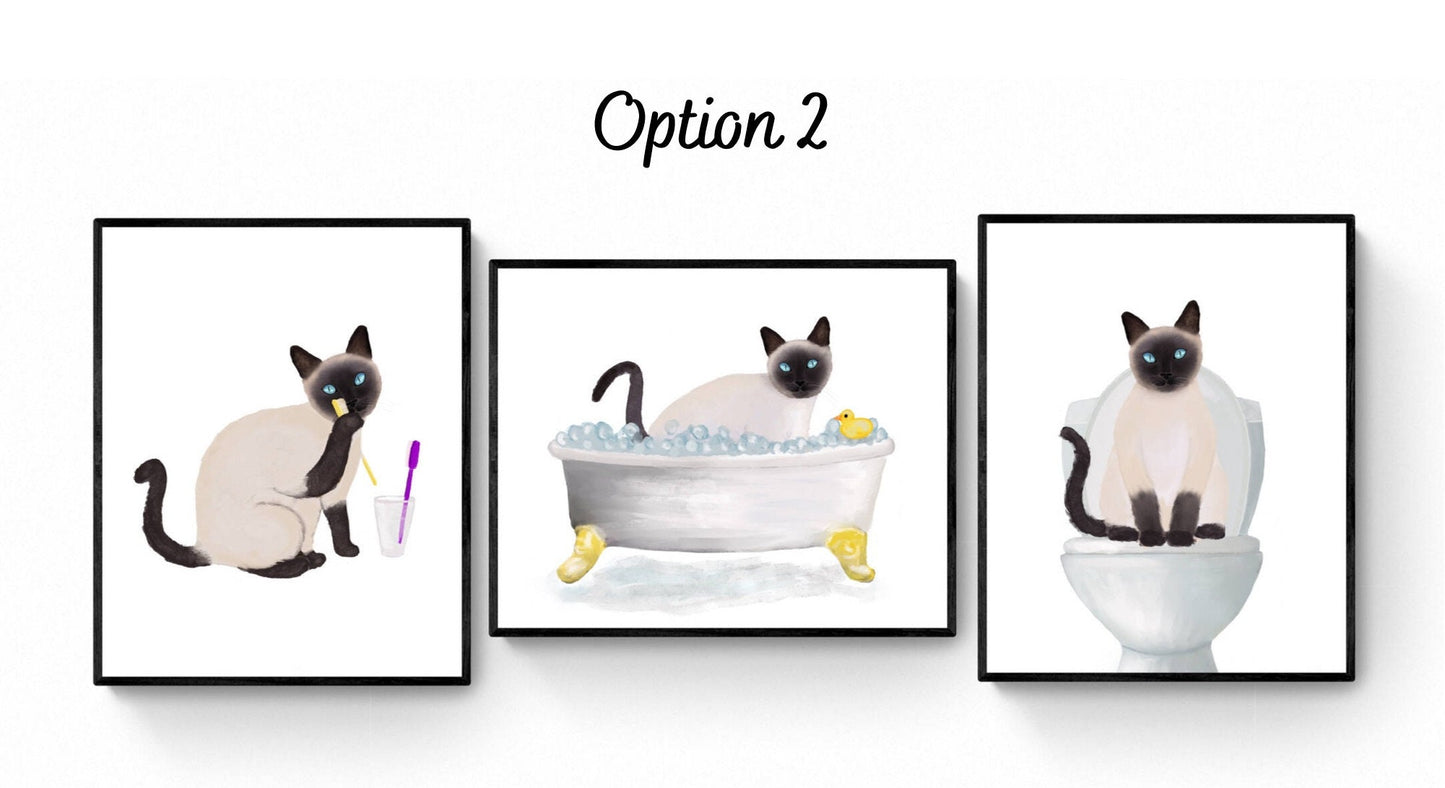 Siamese Cat Bathroom Art Set of 3, Bathroom Wall Decor Set, Cute Black Cat In Bath Art, Cat On Toilet Print, Cat Lover Gift, Cat Spa Day