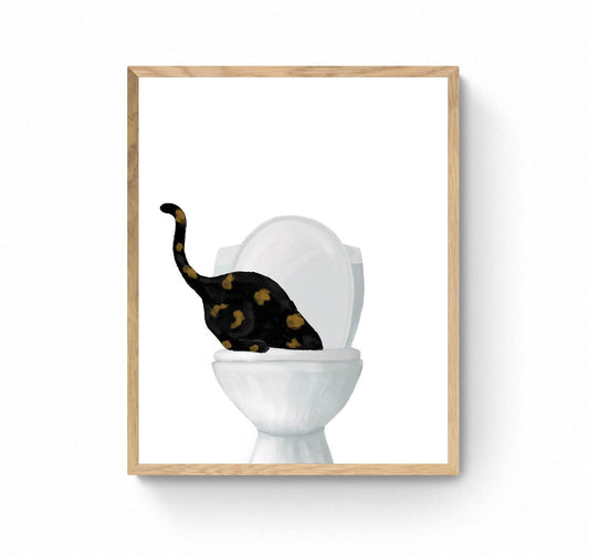 Tortoiseshell Cat Drinking Water From Toilet Art, Fat Tortie Cat Print, Bathroom Decor, Cat Painting, Kitty Licking Water From Toilet Art,
