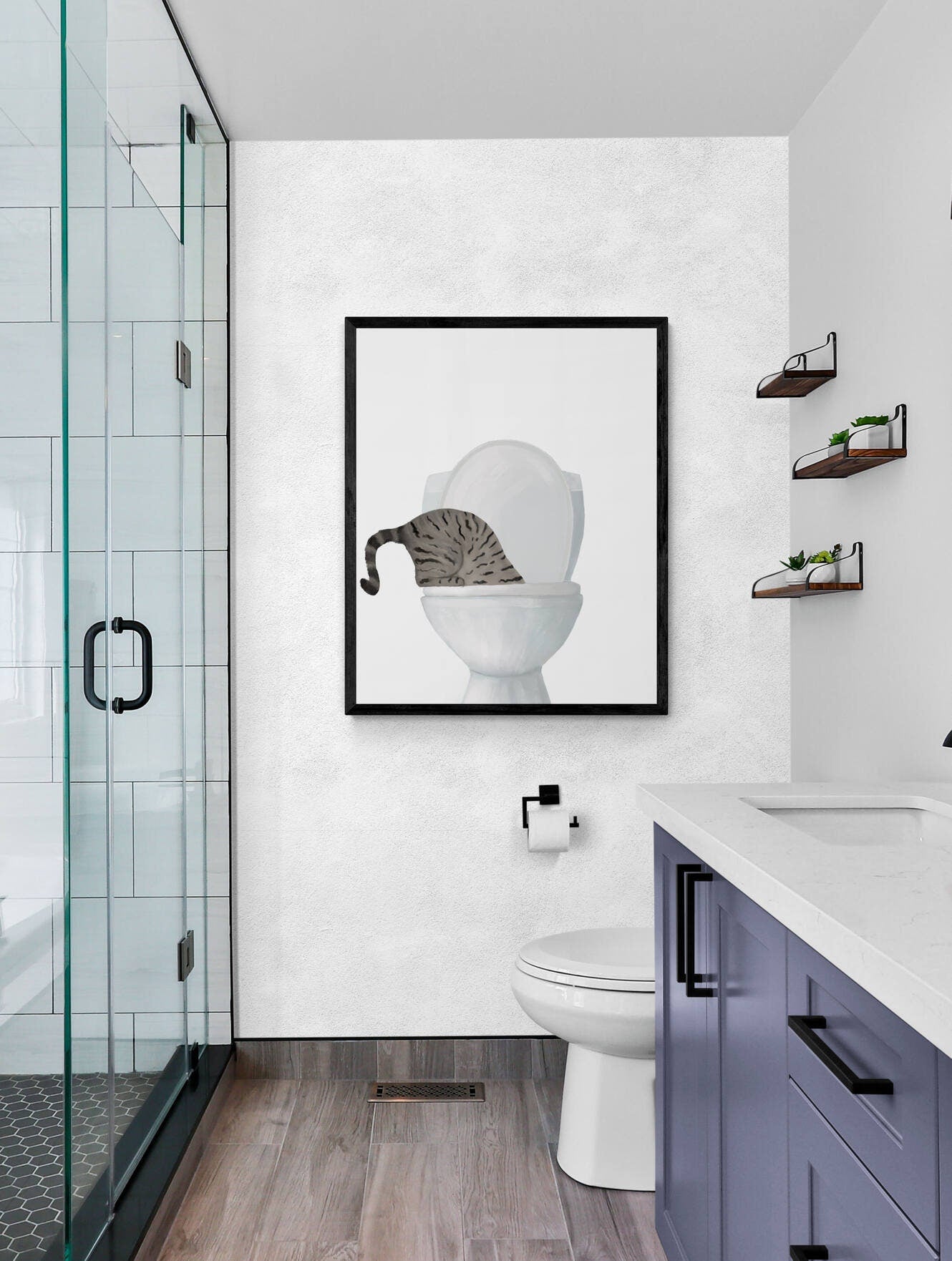 Gray Tabby Cat Drinking Water From Toilet Art, Fat GrayTabby Cat Print, Bathroom Decor, Cat Painting, Kitty Licking Water From Toilet Art,