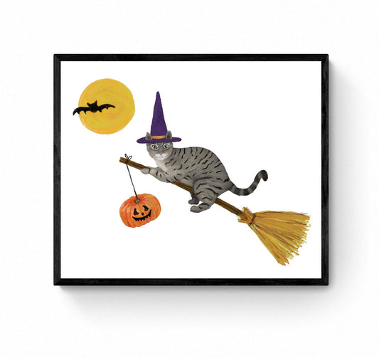 Gray Tabby Cat Flying with a Broom Print, Halloween Cat Painting, Orange Tabby Cat Portrait, Holiday Wall Art, Gray Cat Flying with Bats