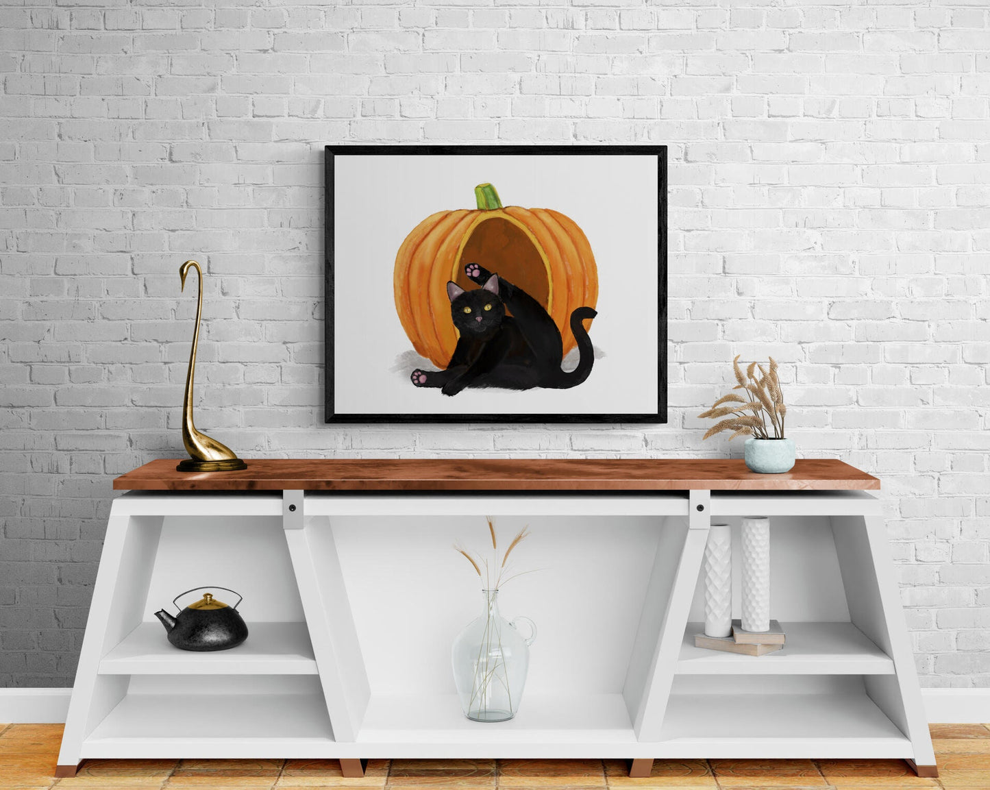 Black Cat and Pumpkin Print, Halloween Cat Painting, Black Cat Portrait, Holiday Wall Art, Black Cat Licking Himself Art