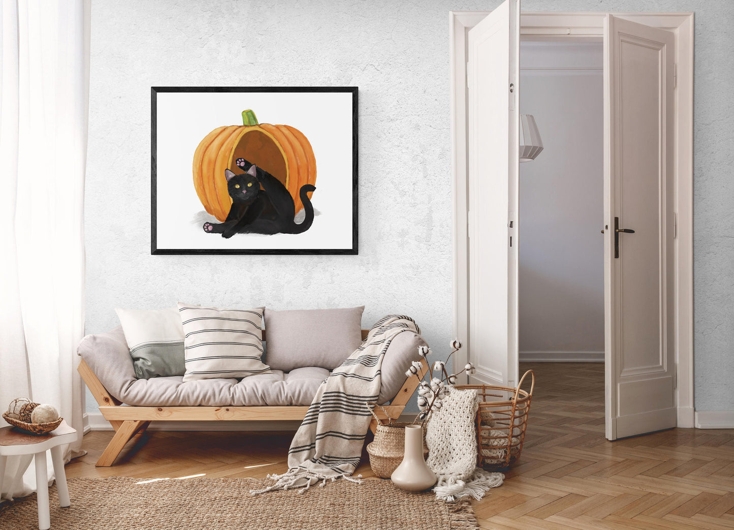 Black Cat and Pumpkin Print, Halloween Cat Painting, Black Cat Portrait, Holiday Wall Art, Black Cat Licking Himself Art